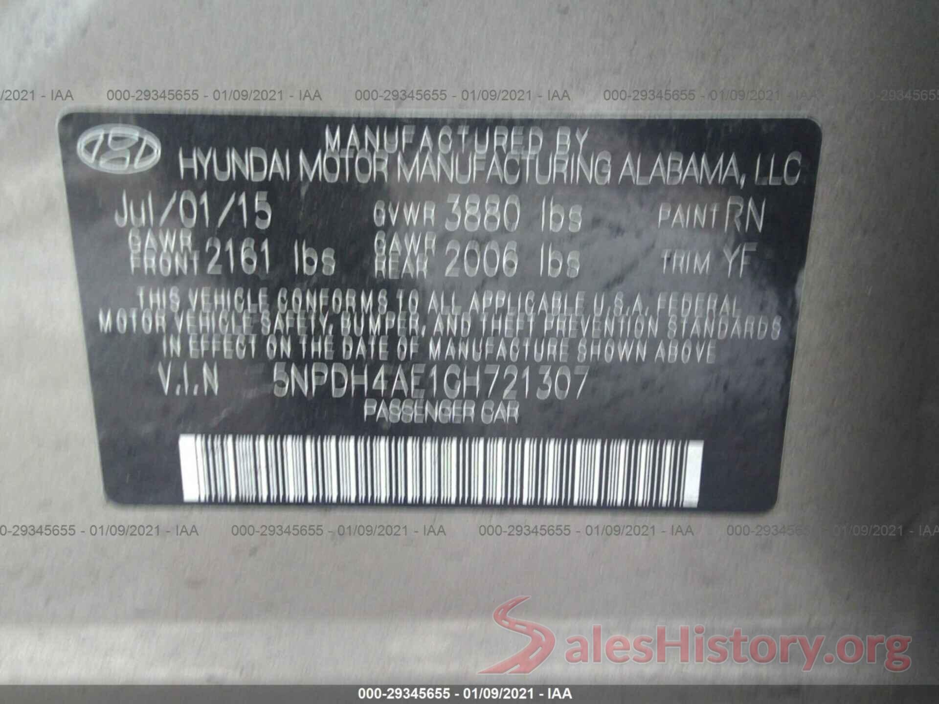 5NPDH4AE1GH721307 2016 HYUNDAI ELANTRA