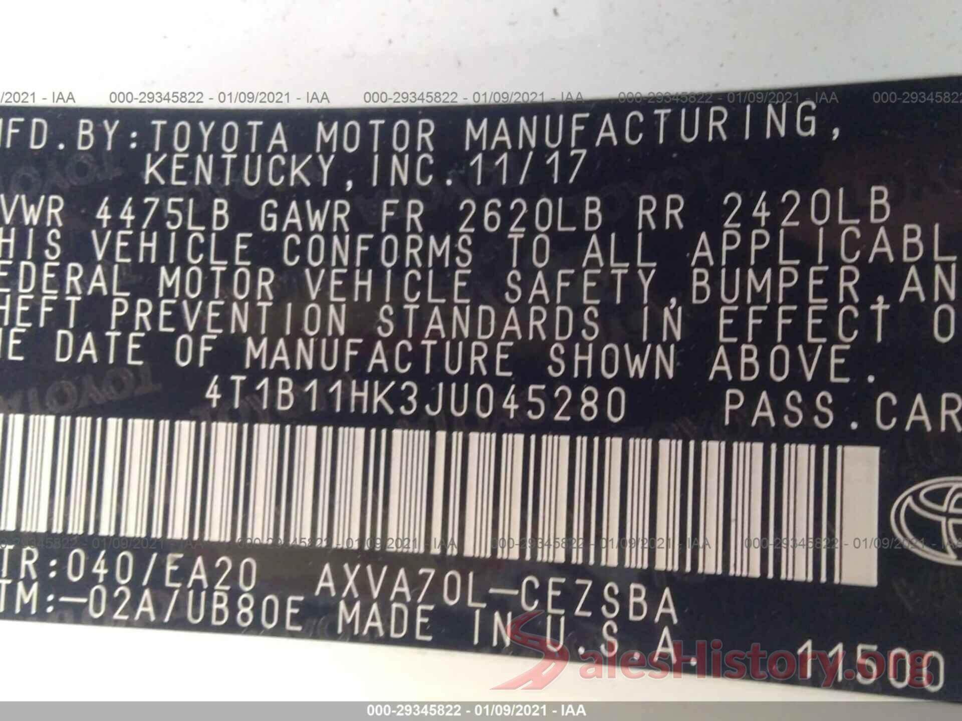 4T1B11HK3JU045280 2018 TOYOTA CAMRY