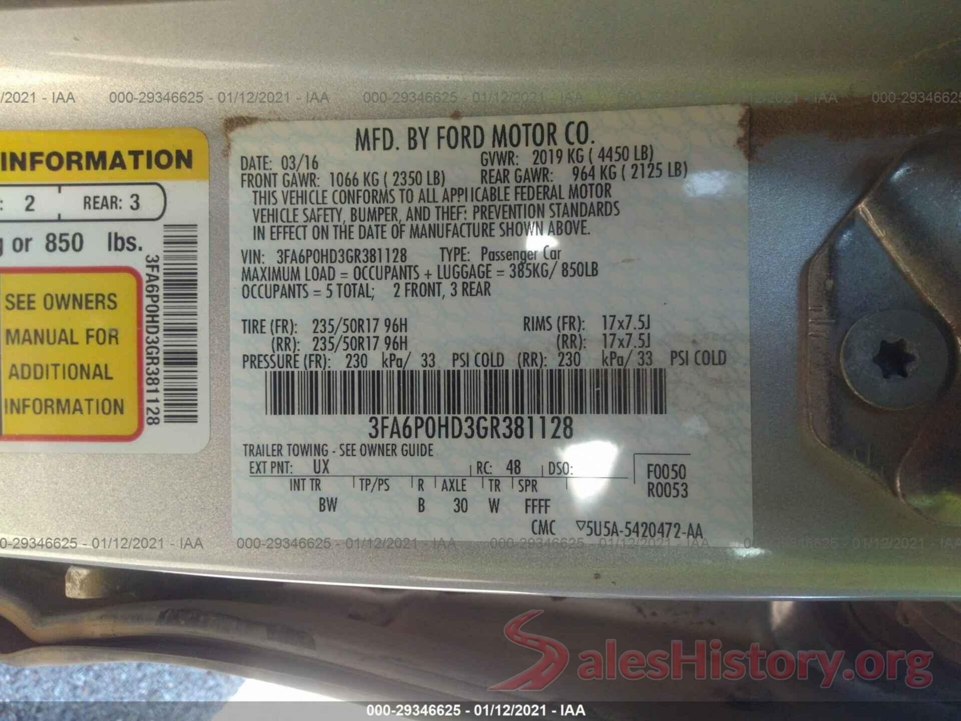 3FA6P0HD3GR381128 2016 FORD FUSION