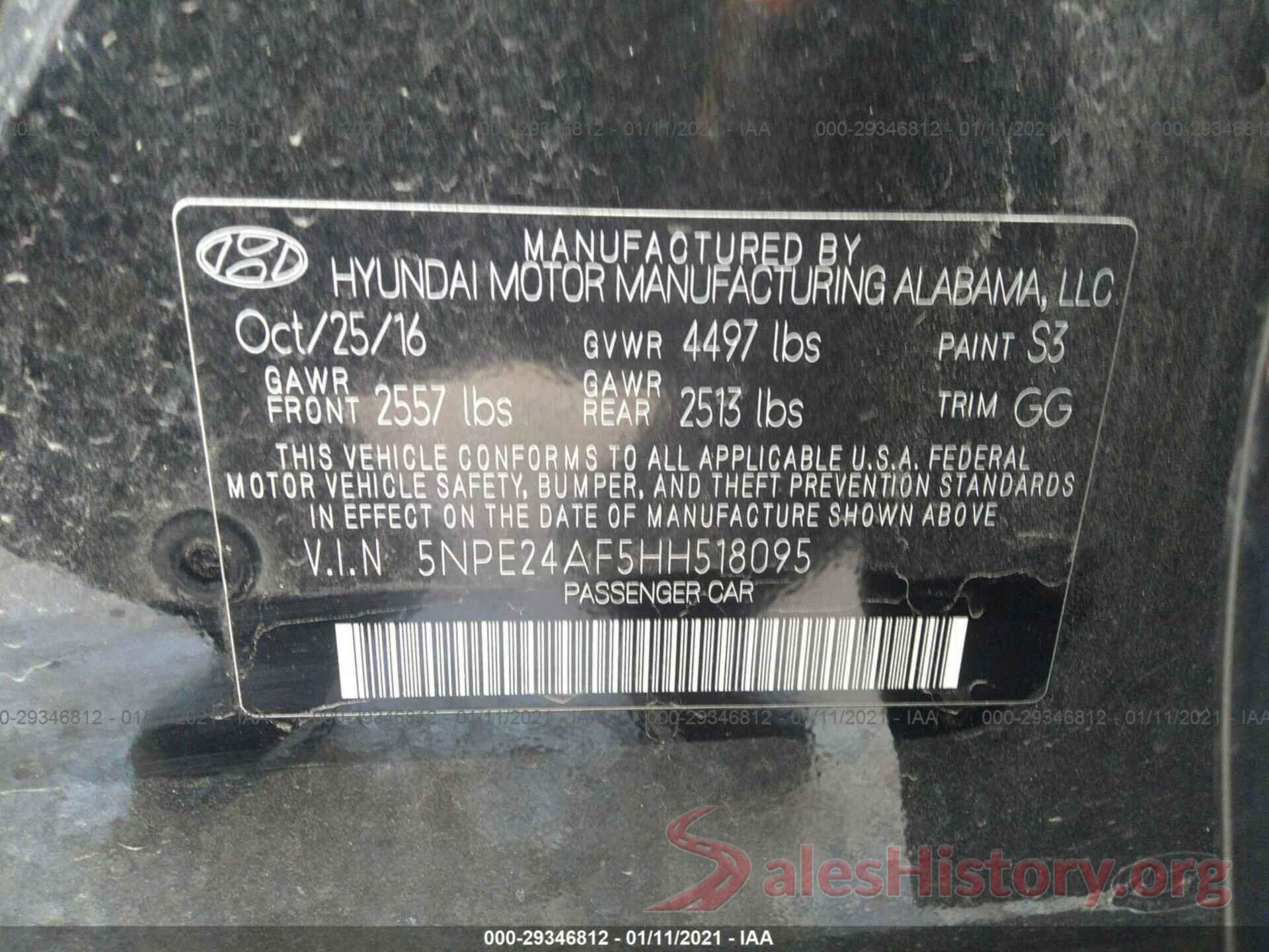 5NPE24AF5HH518095 2017 HYUNDAI SONATA