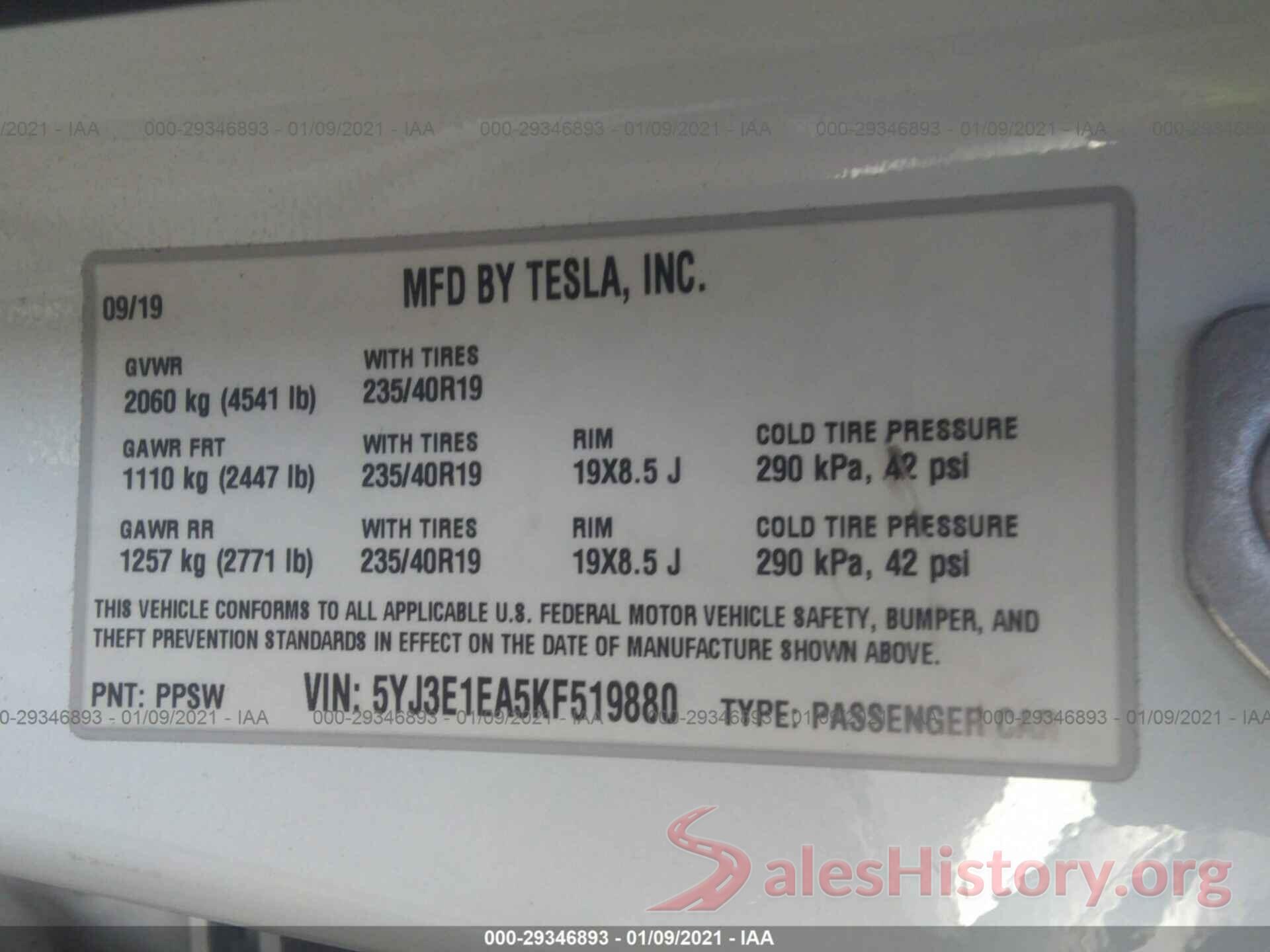 5YJ3E1EA5KF519880 2019 TESLA MODEL 3