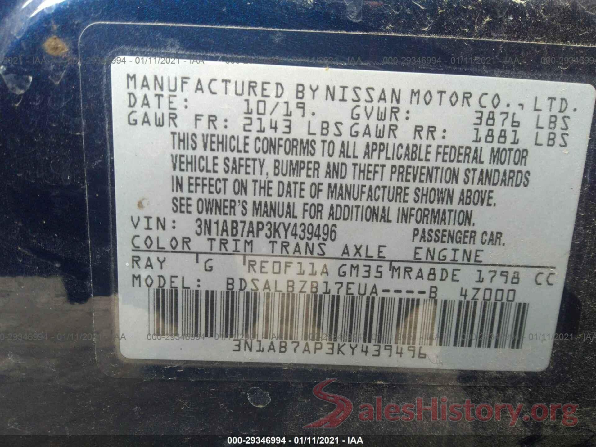 3N1AB7AP3KY439496 2019 NISSAN SENTRA