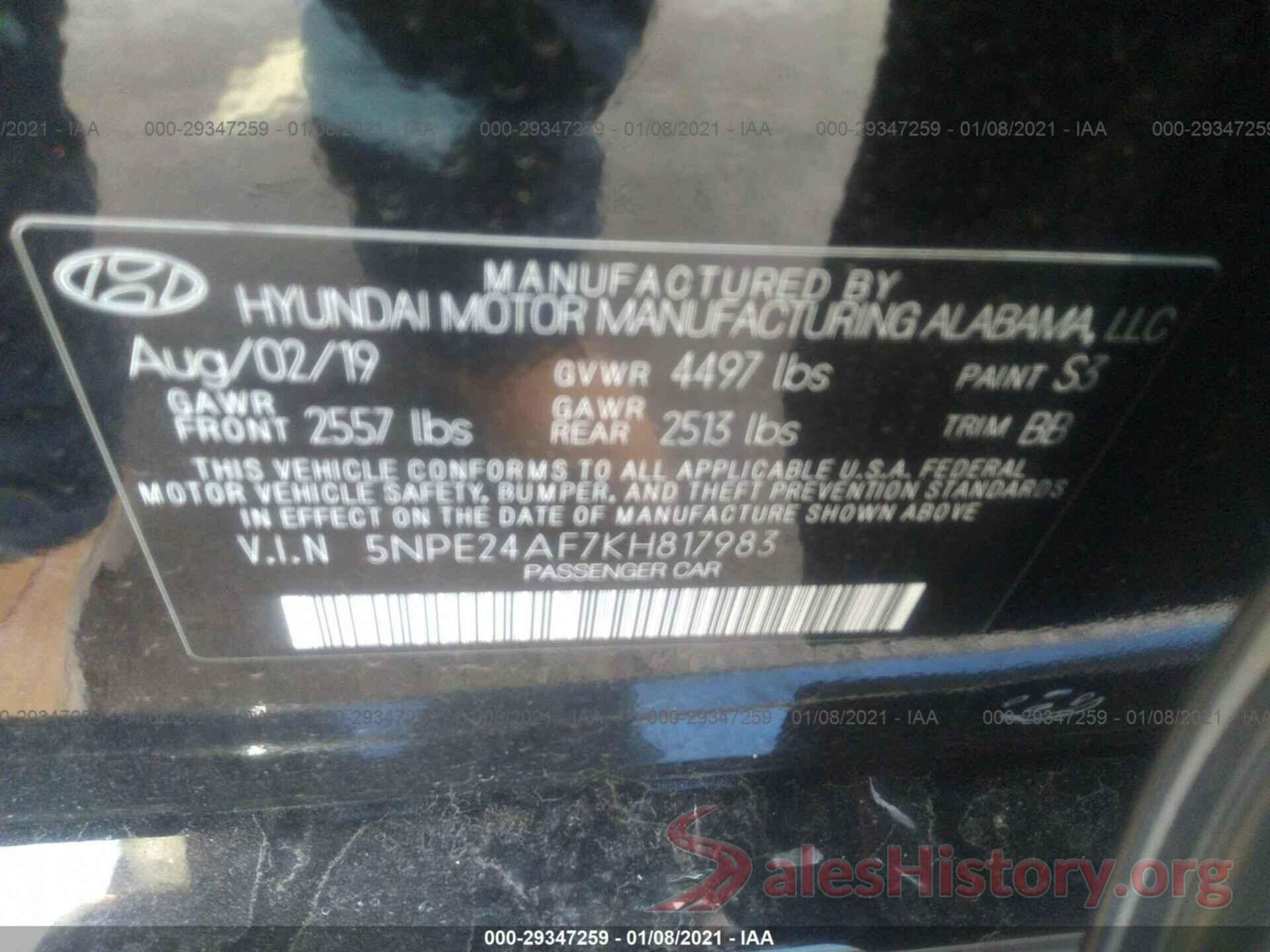 5NPE24AF7KH817983 2019 HYUNDAI SONATA