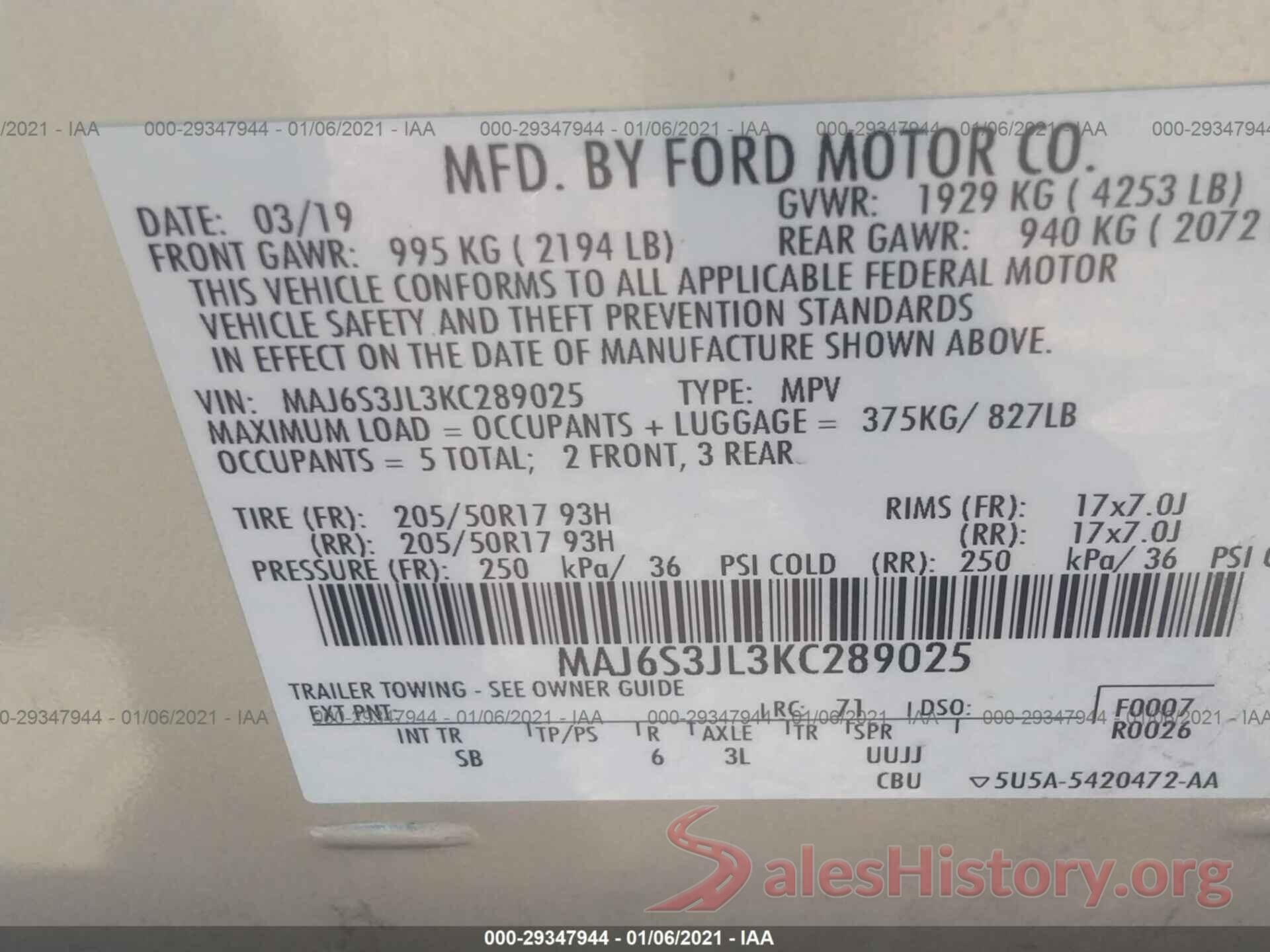 MAJ6S3JL3KC289025 2019 FORD ECOSPORT