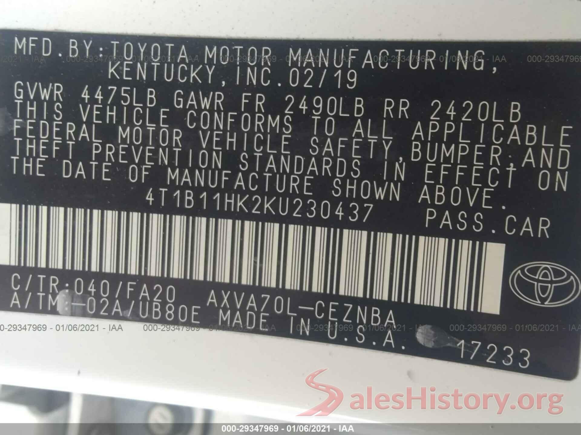 4T1B11HK2KU230437 2019 TOYOTA CAMRY