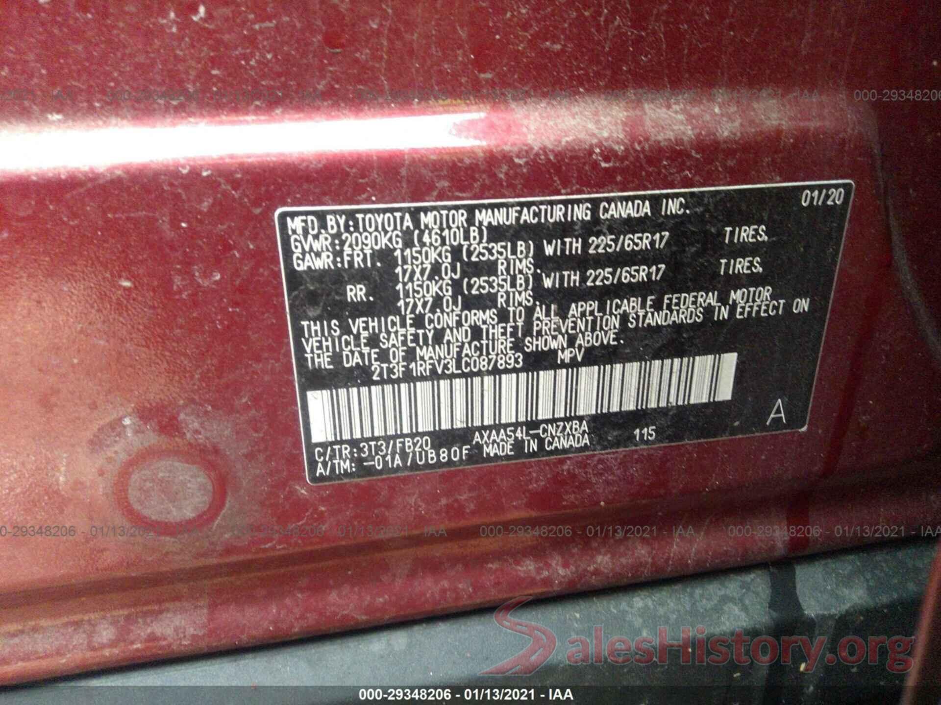 2T3F1RFV3LC087893 2020 TOYOTA RAV4