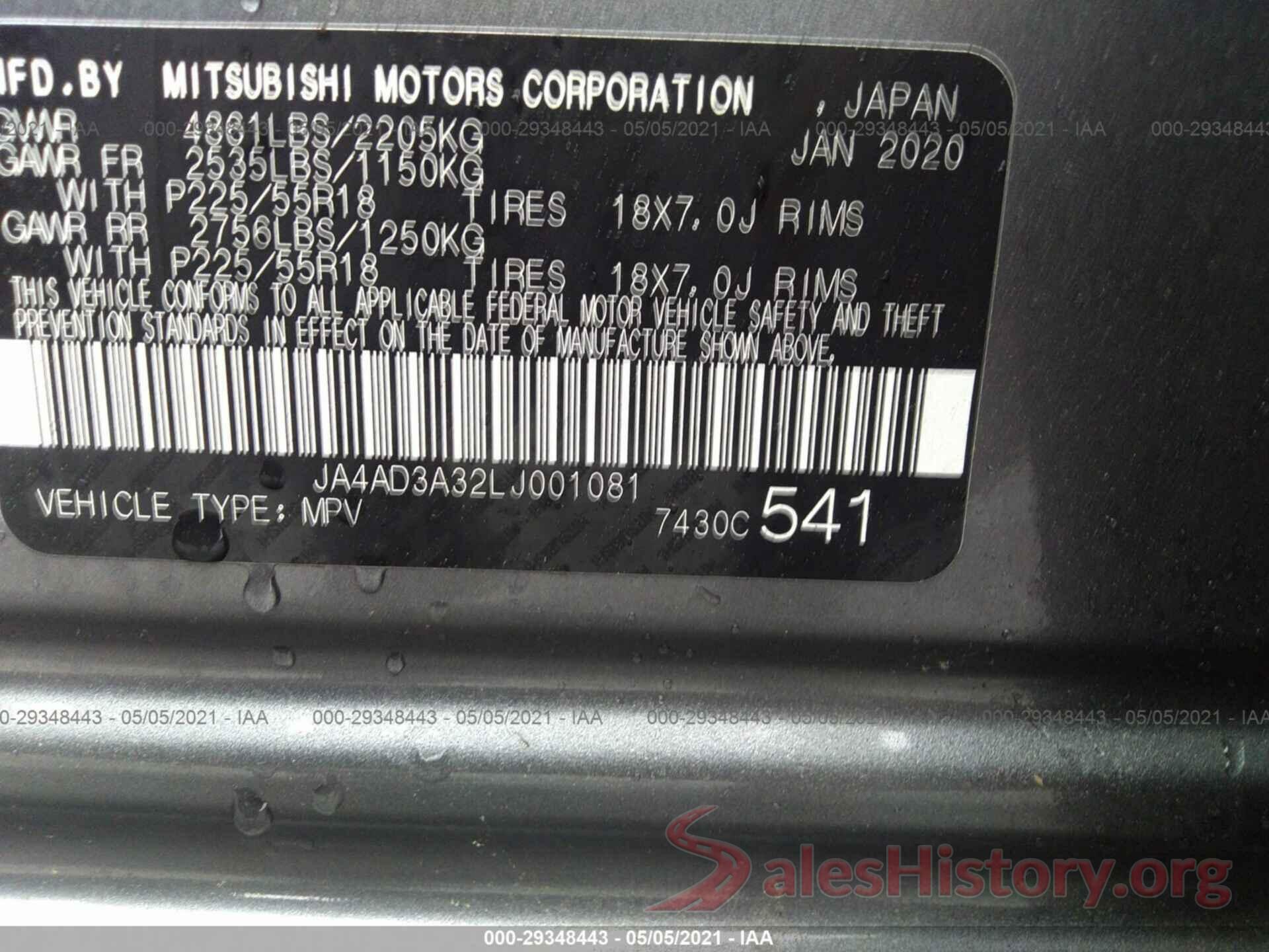 JA4AD3A32LJ001081 2020 MITSUBISHI OUTLANDER