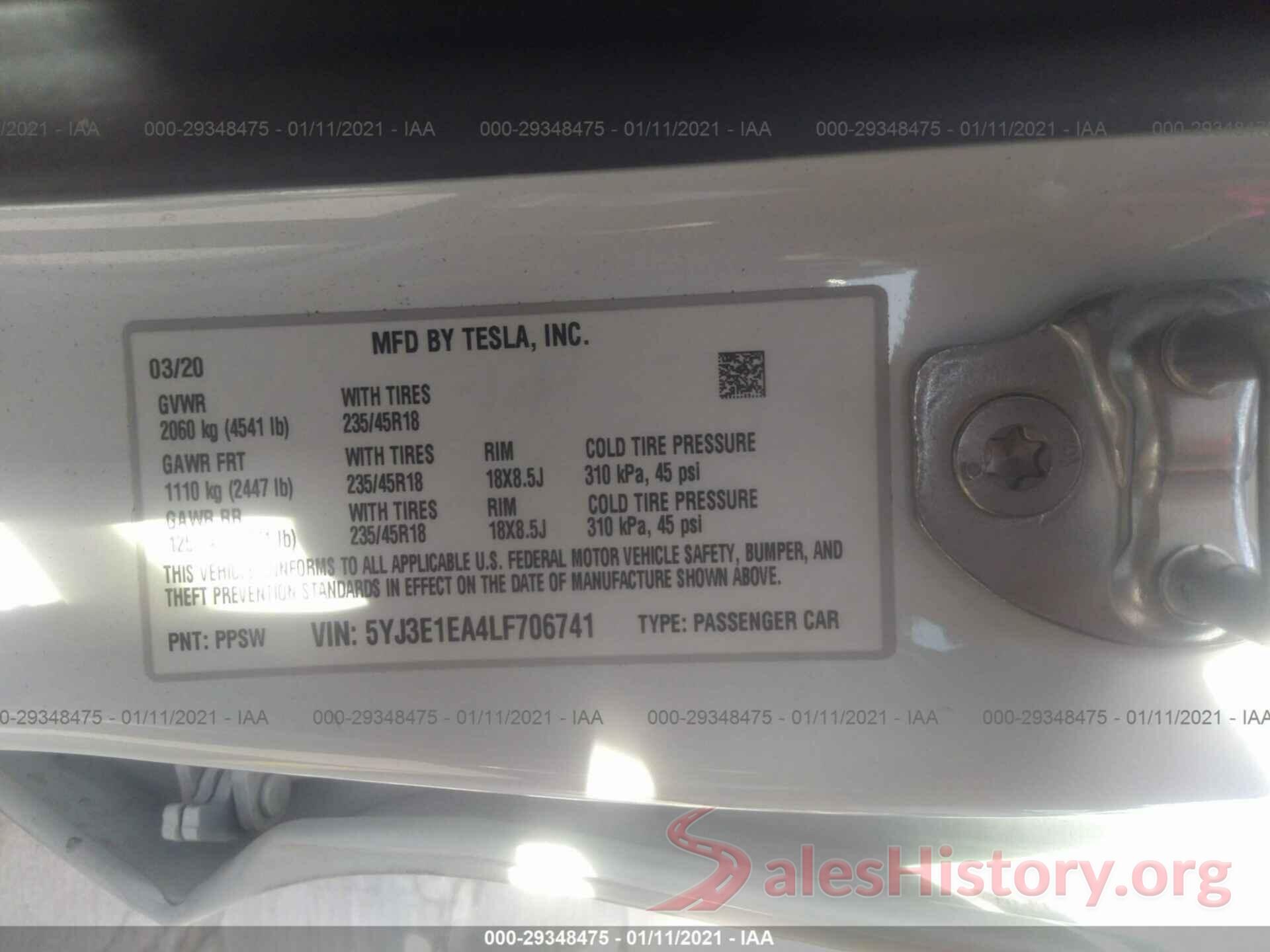 5YJ3E1EA4LF706741 2020 TESLA MODEL 3