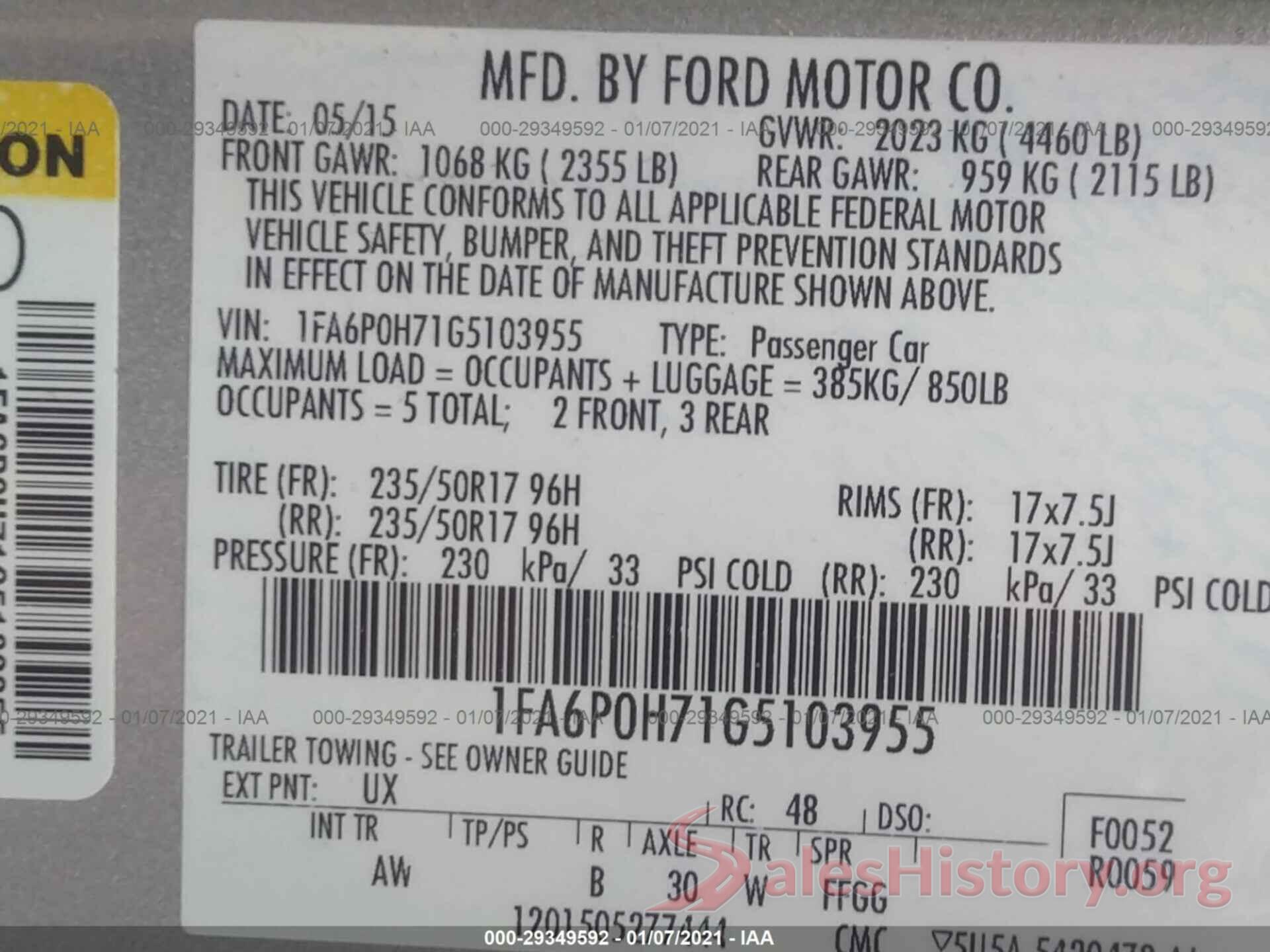 1FA6P0H71G5103955 2016 FORD FUSION