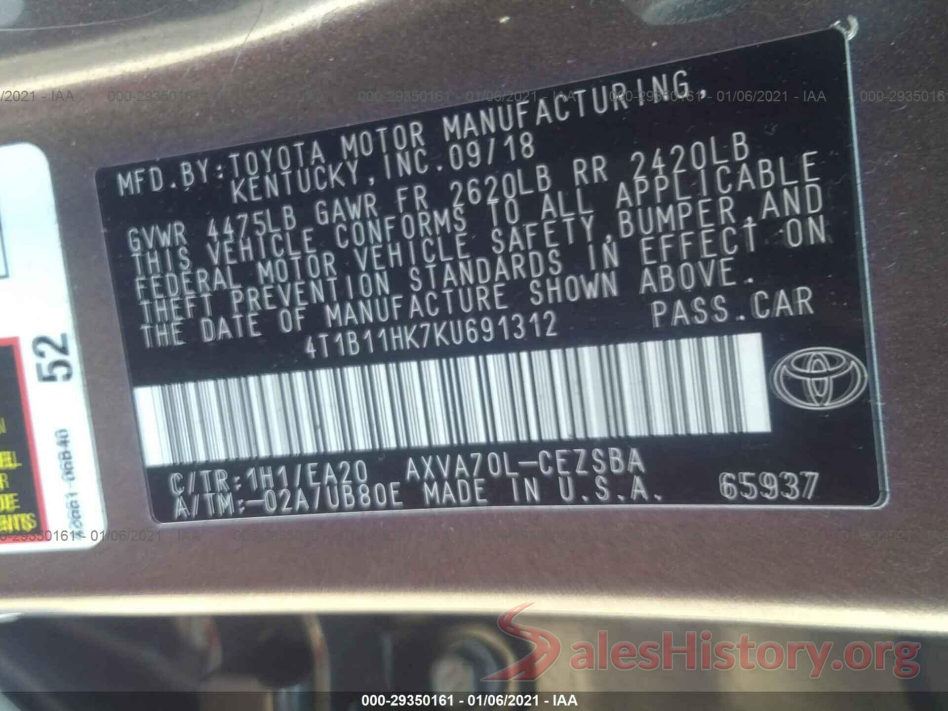 4T1B11HK7KU691312 2019 TOYOTA CAMRY