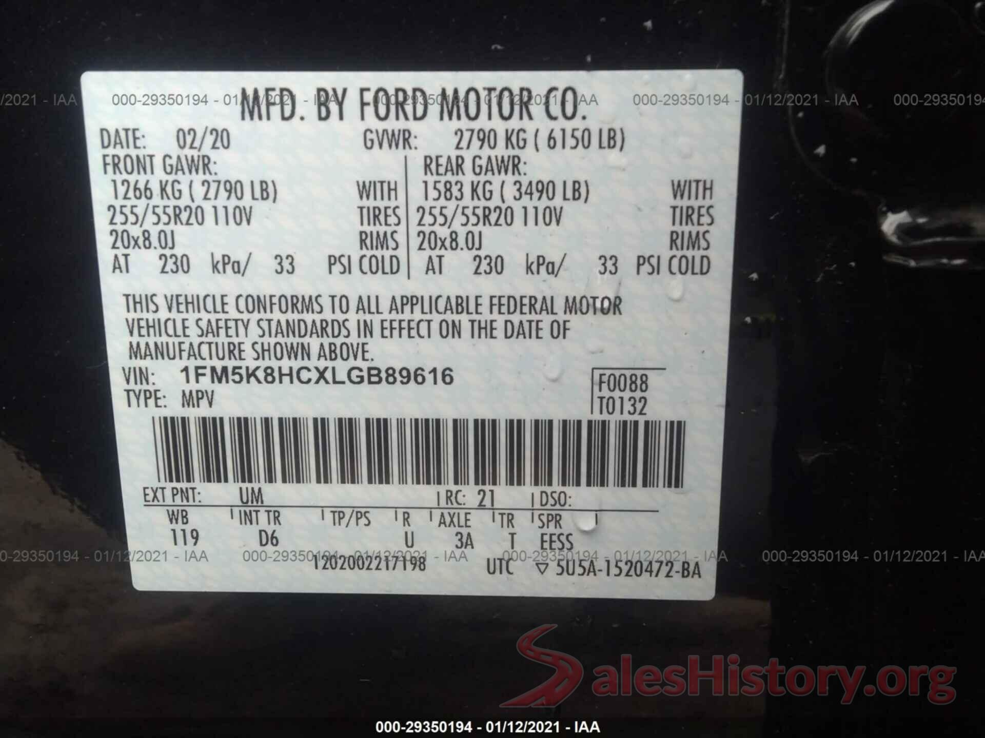 1FM5K8HCXLGB89616 2020 FORD EXPLORER