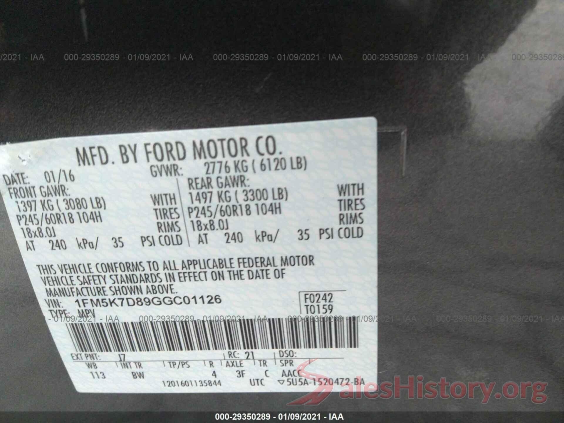 1FM5K7D89GGC01126 2016 FORD EXPLORER