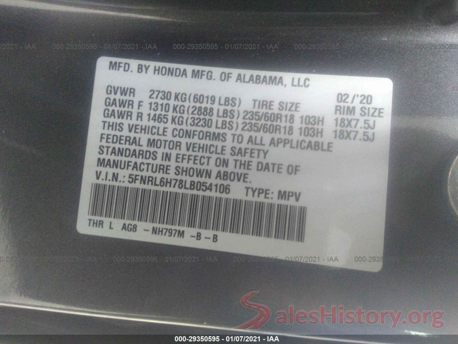 5FNRL6H78LB054106 2020 HONDA ODYSSEY