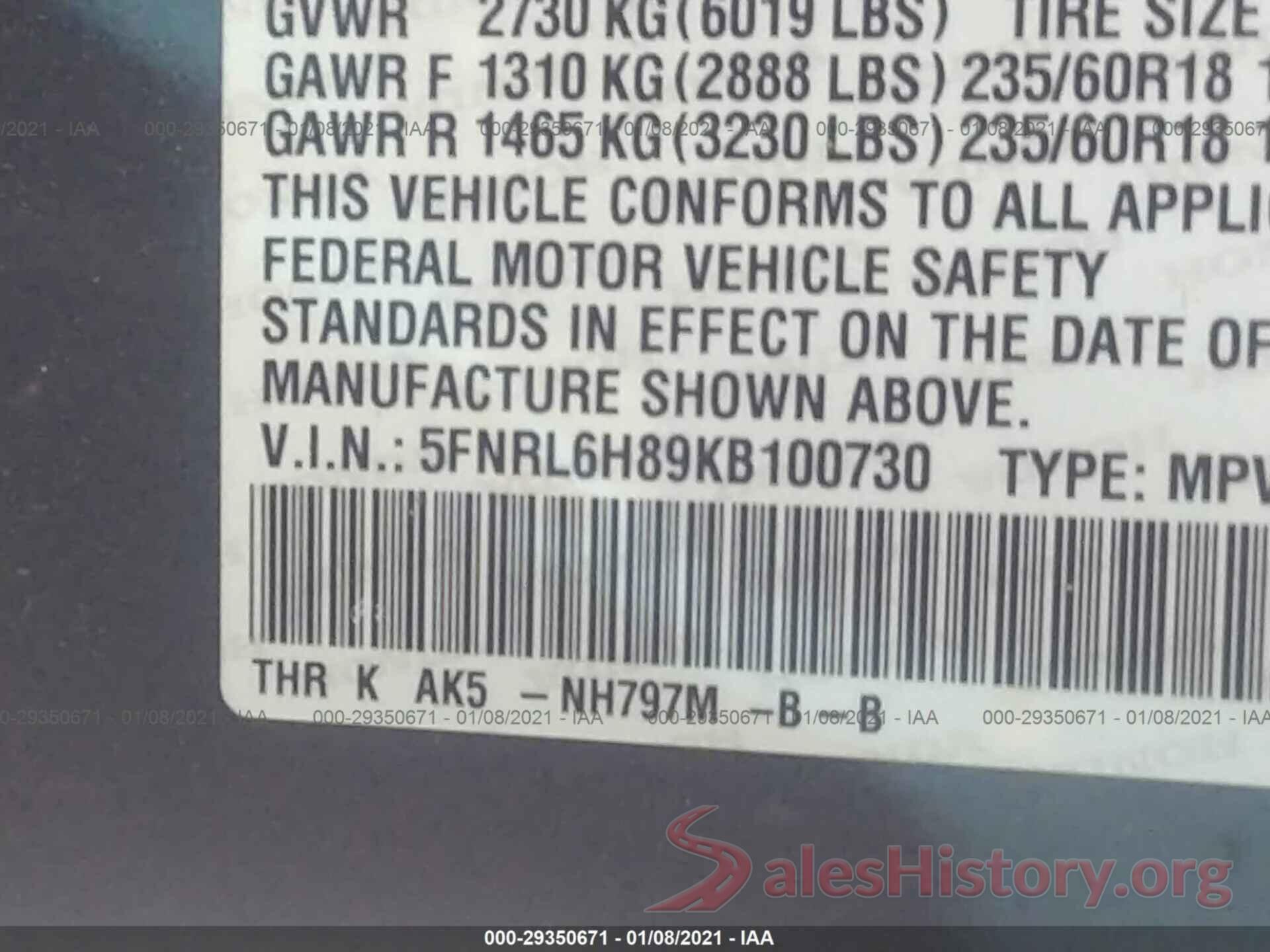 5FNRL6H89KB100730 2019 HONDA ODYSSEY