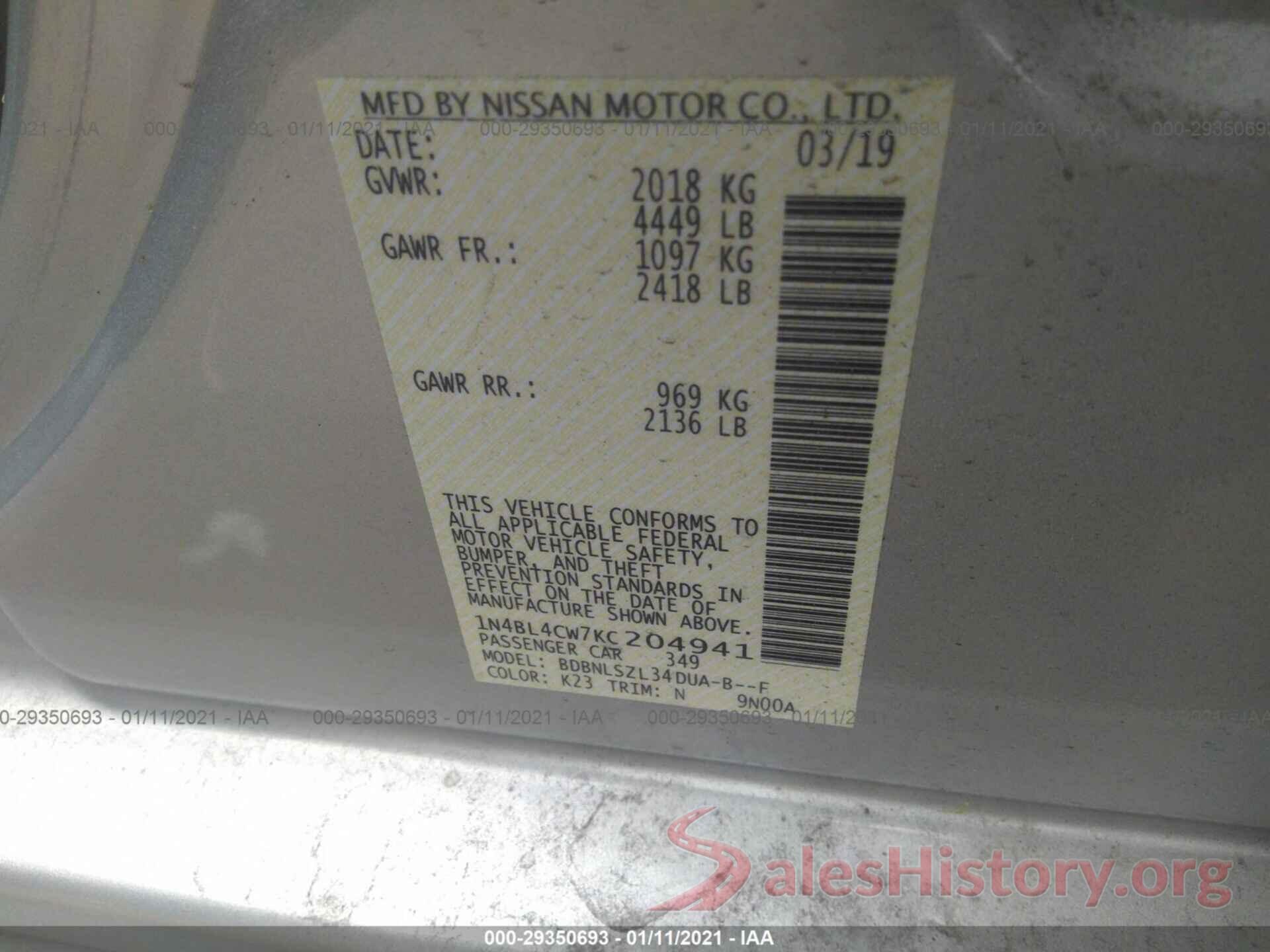 1N4BL4CW7KC204941 2019 NISSAN ALTIMA