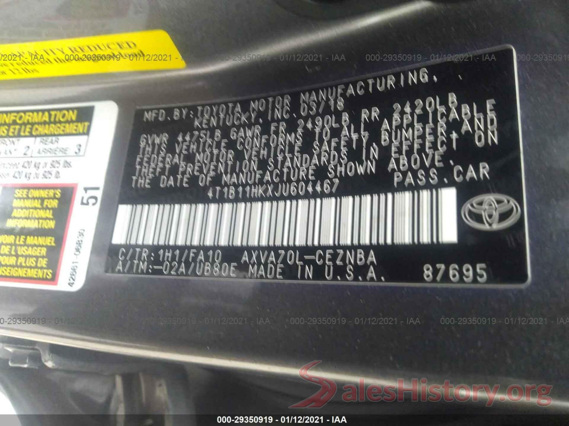 4T1B11HKXJU604467 2018 TOYOTA CAMRY