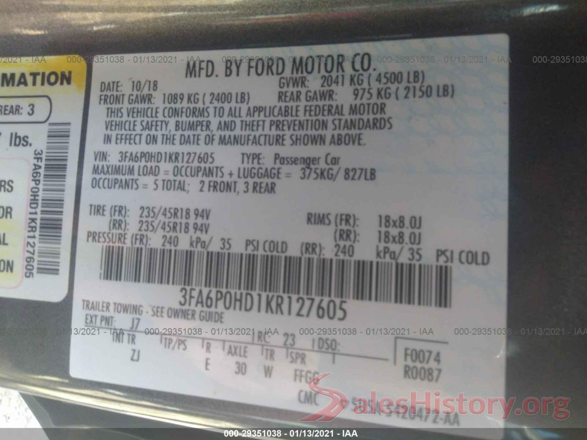 3FA6P0HD1KR127605 2019 FORD FUSION