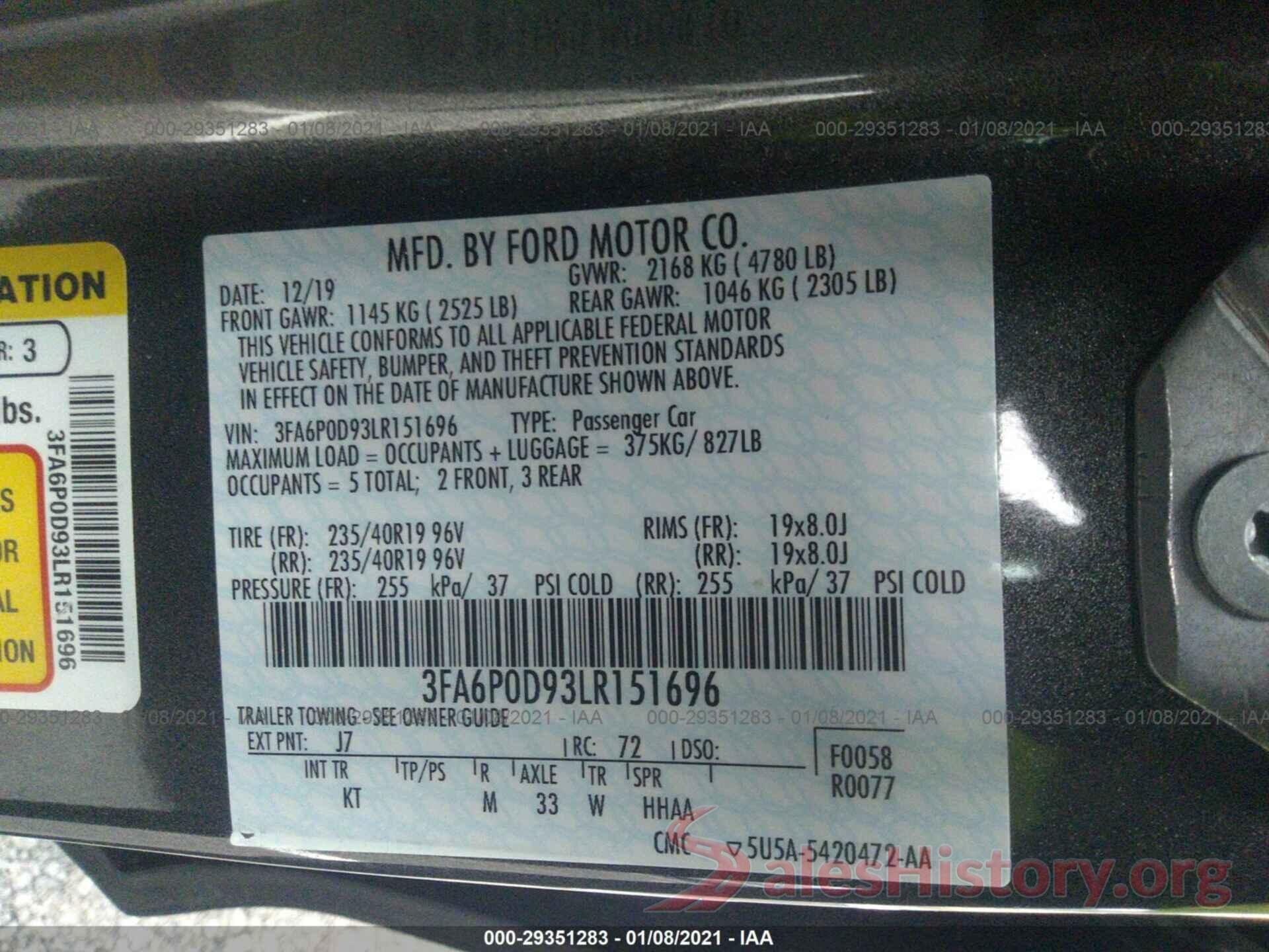 3FA6P0D93LR151696 2020 FORD FUSION