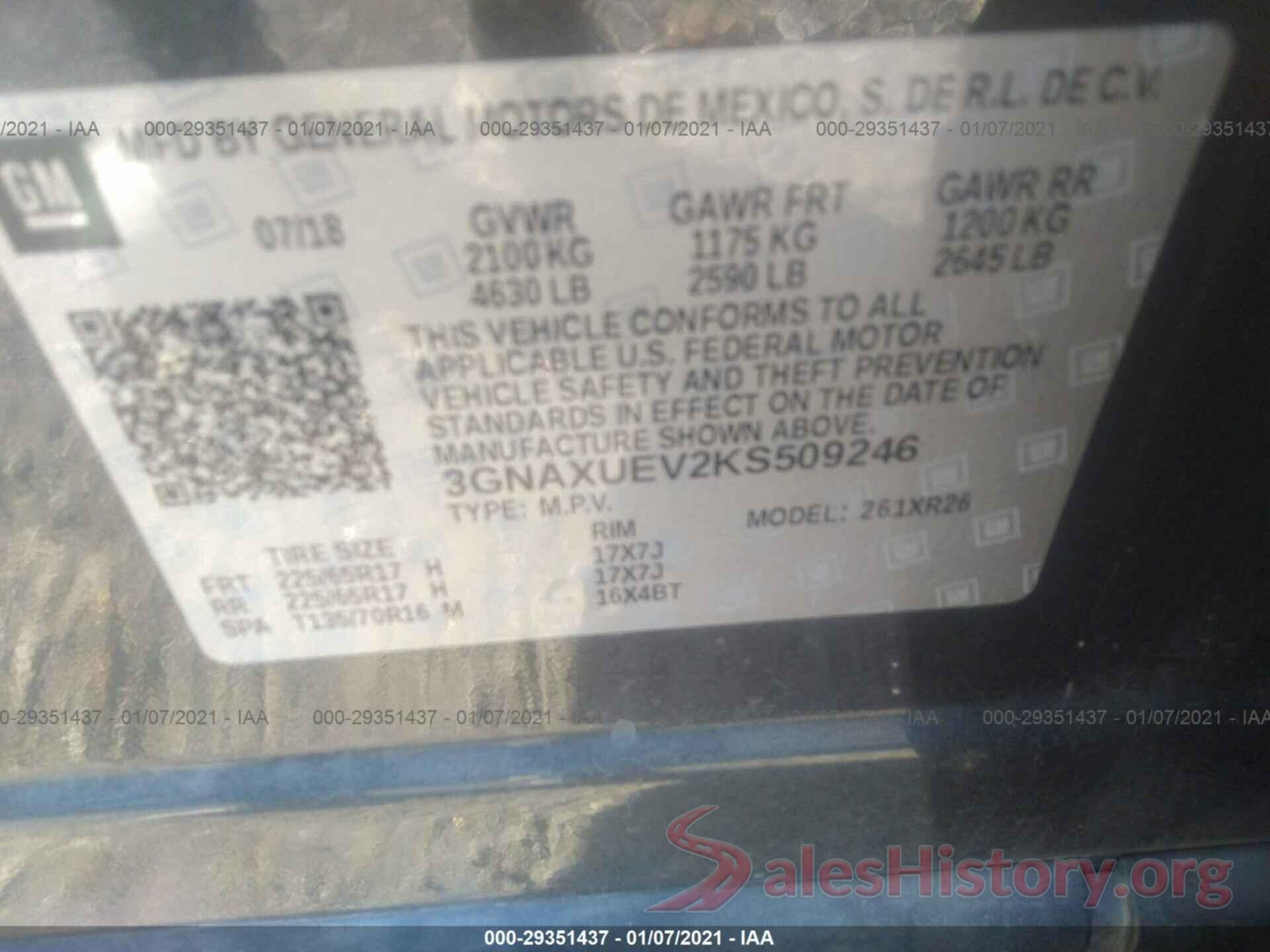 3GNAXUEV2KS509246 2019 CHEVROLET EQUINOX