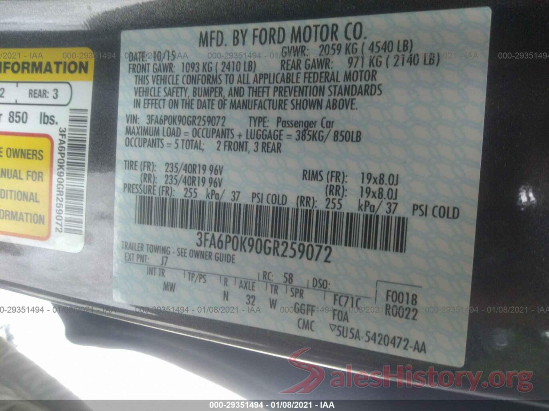 3FA6P0K90GR259072 2016 FORD FUSION