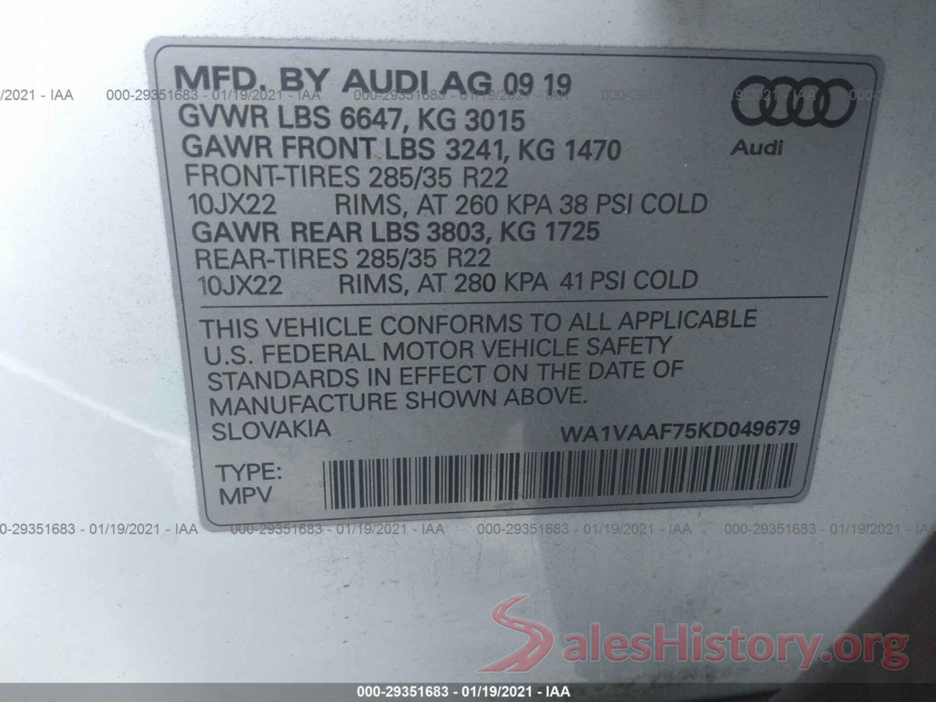 WA1VAAF75KD049679 2019 AUDI Q7