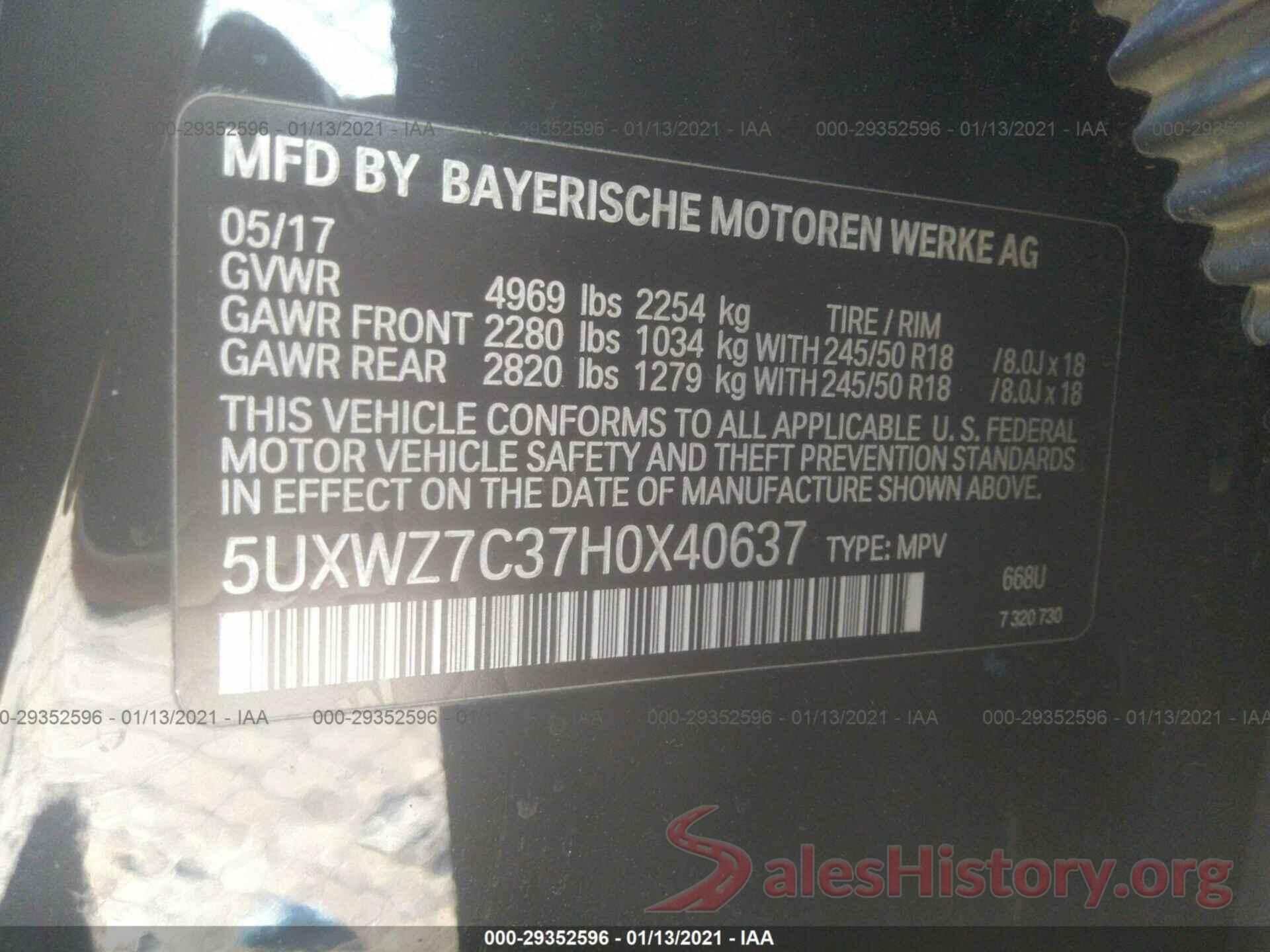 5UXWZ7C37H0X40637 2017 BMW X3