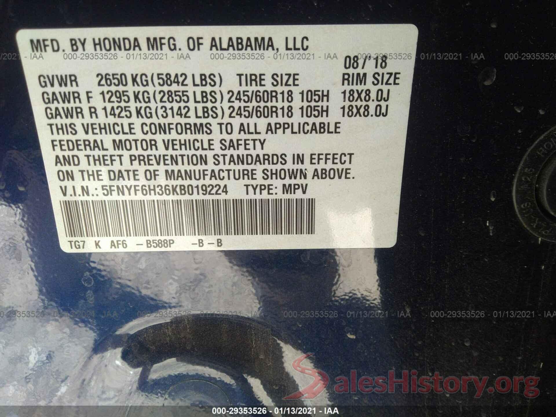 5FNYF6H36KB019224 2019 HONDA PILOT