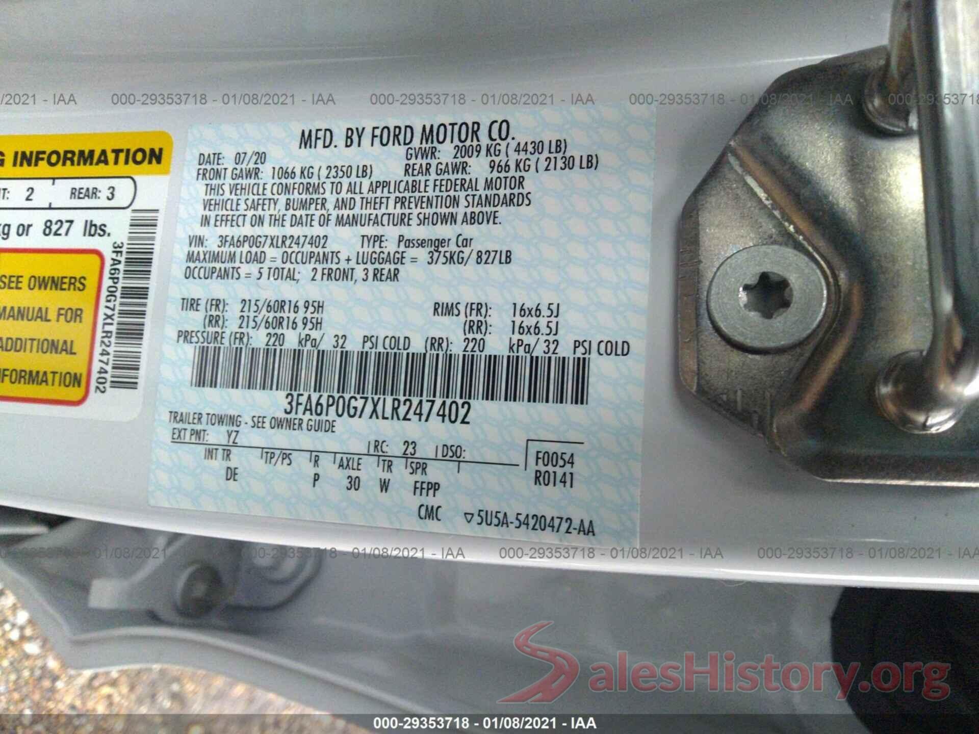 3FA6P0G7XLR247402 2020 FORD FUSION