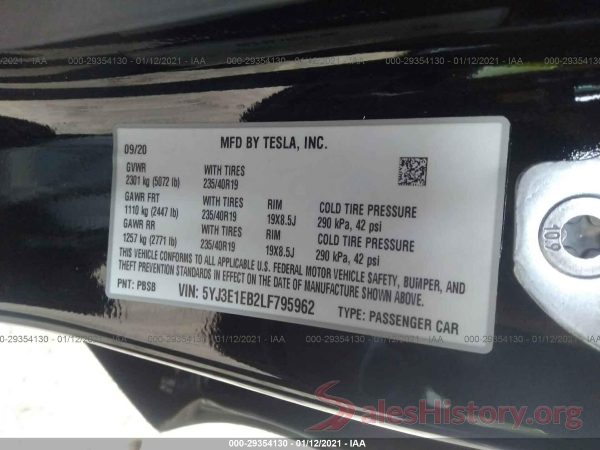 5YJ3E1EB2LF795962 2020 TESLA MODEL 3