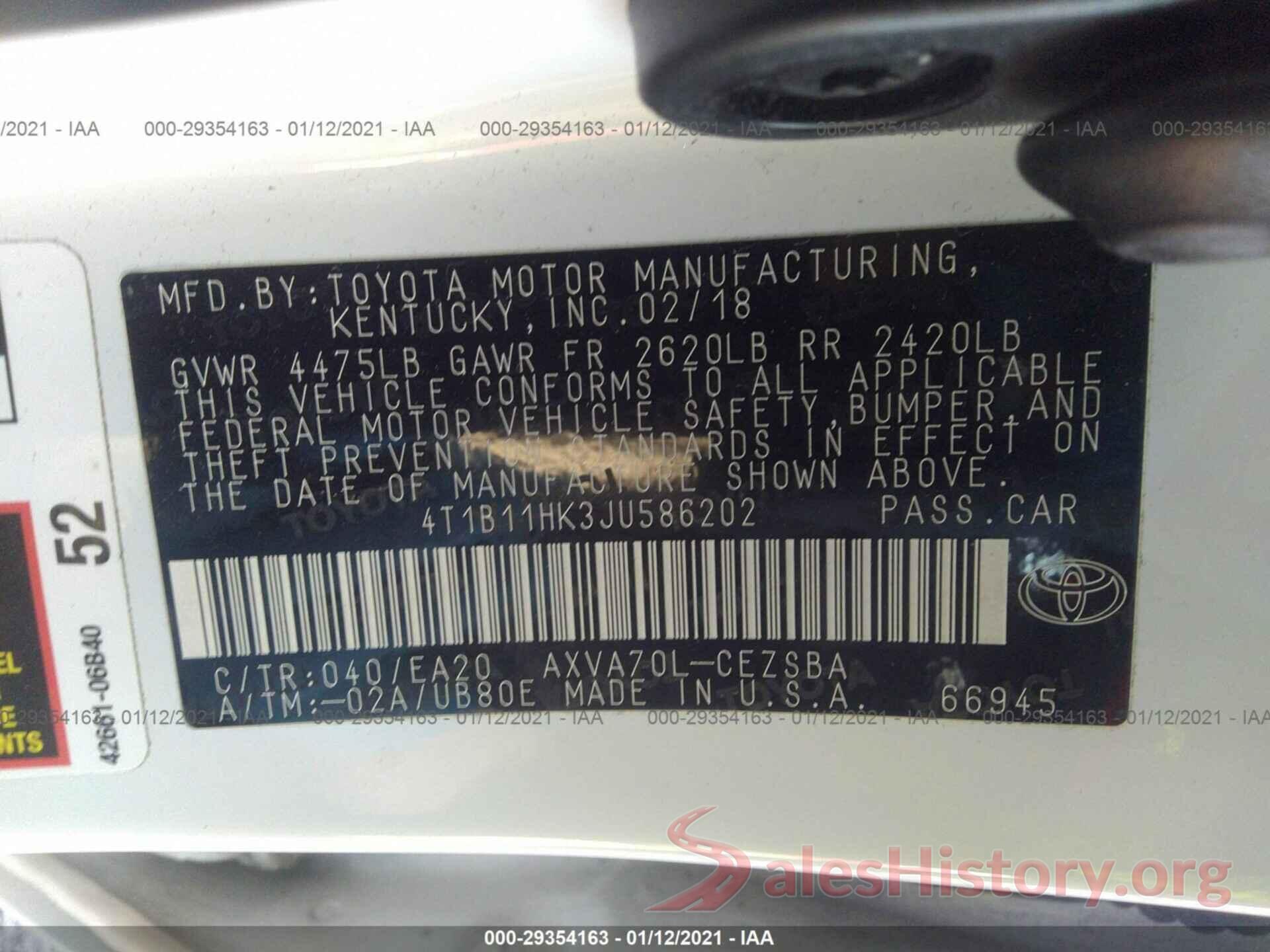 4T1B11HK3JU586202 2018 TOYOTA CAMRY