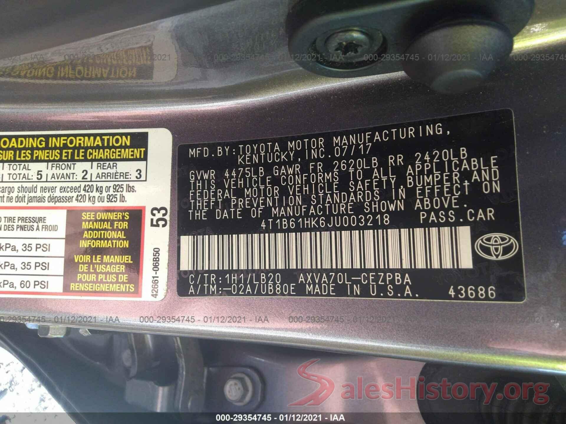 4T1B61HK6JU003218 2018 TOYOTA CAMRY