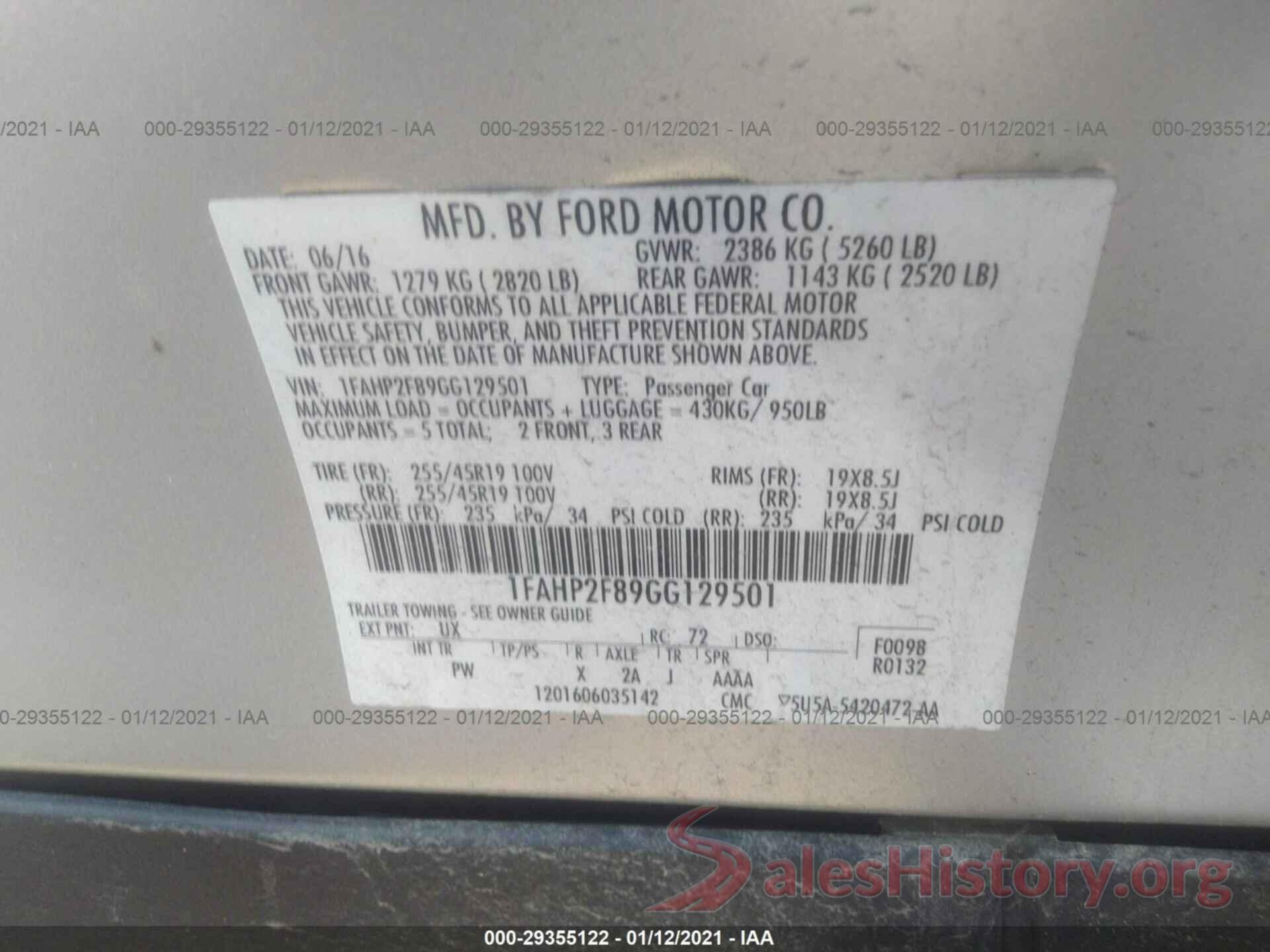 1FAHP2F89GG129501 2016 FORD TAURUS