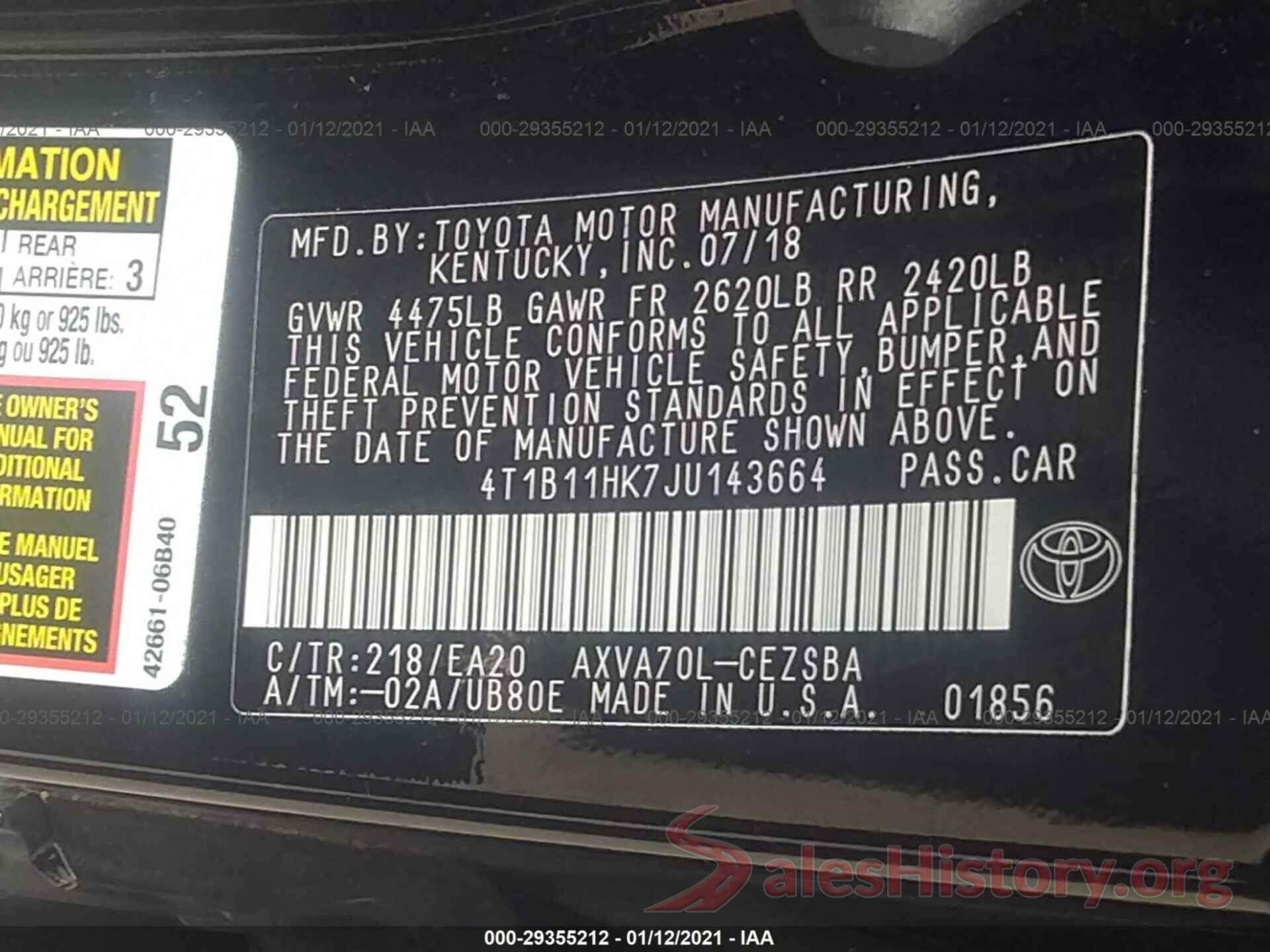 4T1B11HK7JU143664 2018 TOYOTA CAMRY