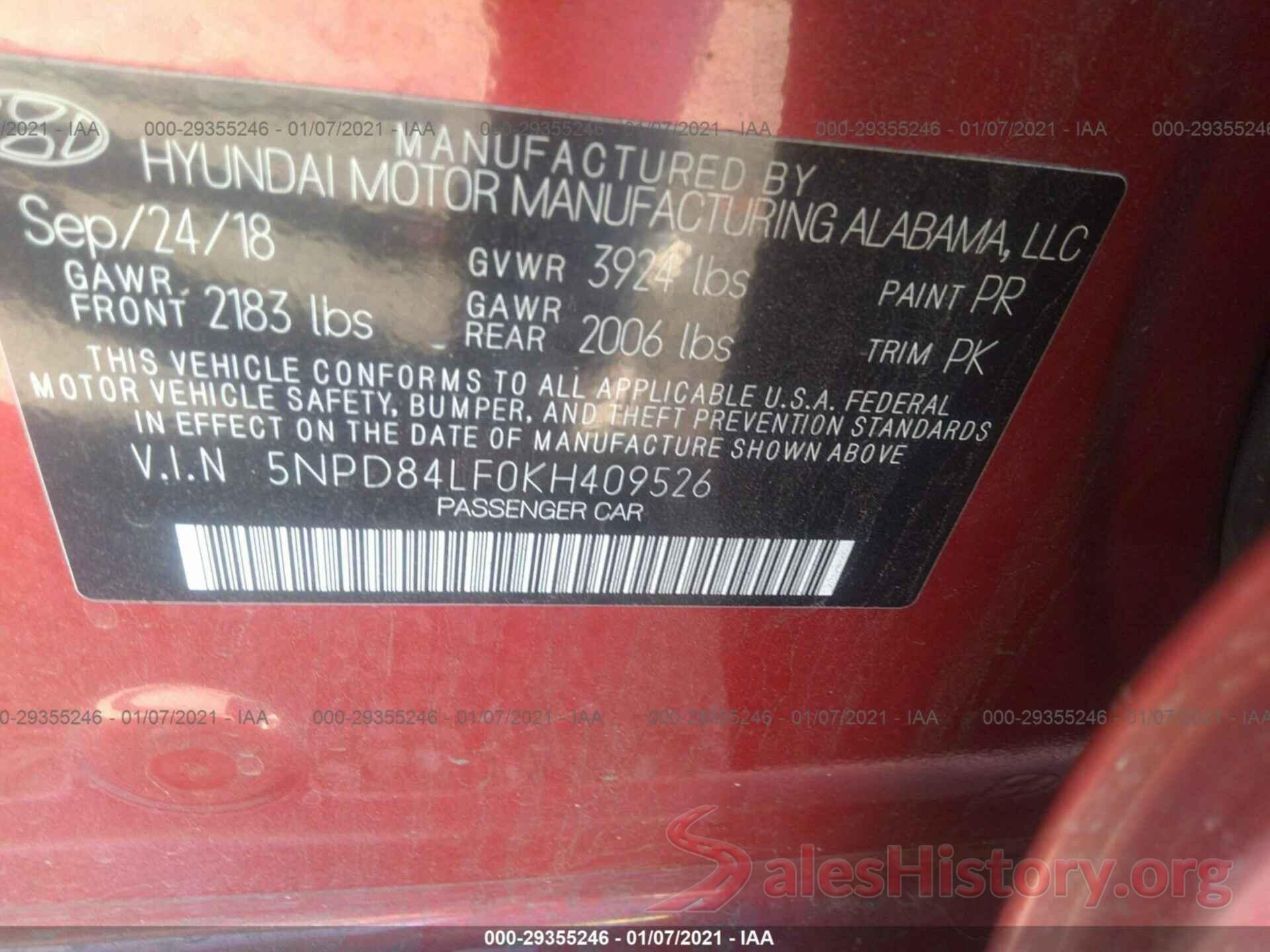 5NPD84LF0KH409526 2019 HYUNDAI ELANTRA