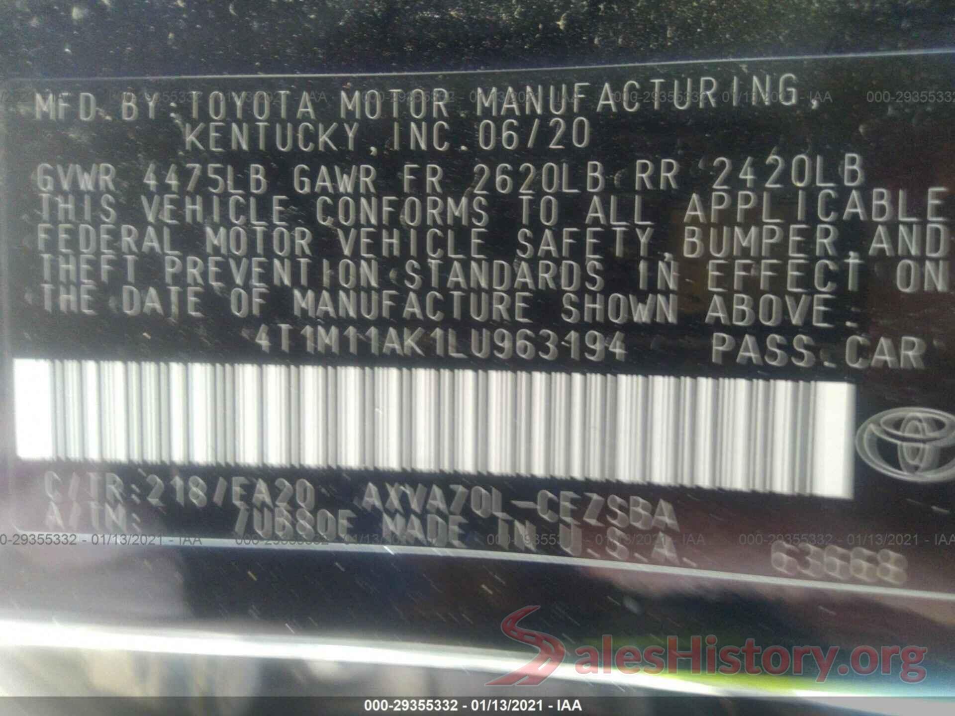 4T1M11AK1LU963194 2020 TOYOTA CAMRY