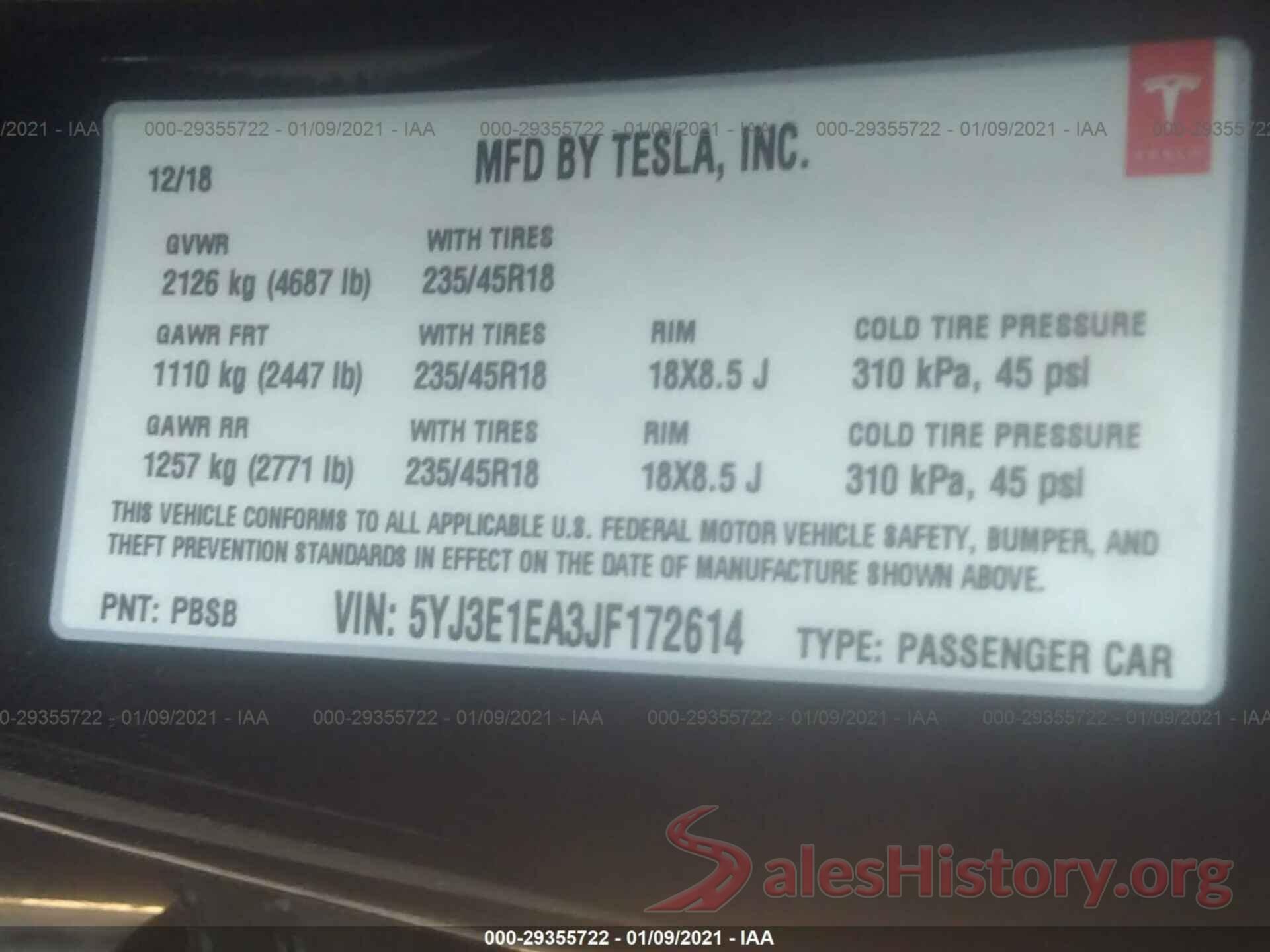 5YJ3E1EA3JF172614 2018 TESLA MODEL 3