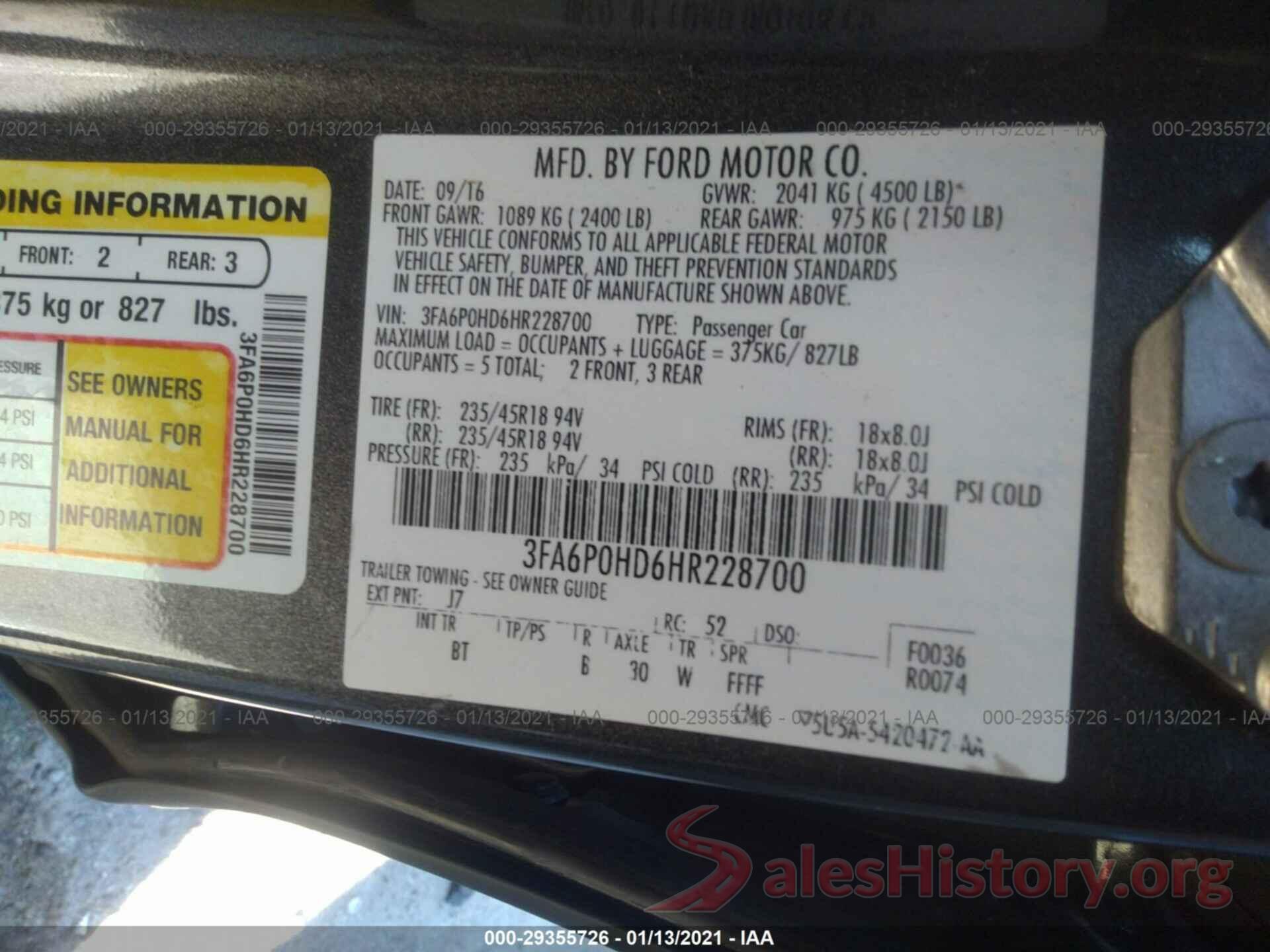 3FA6P0HD6HR228700 2017 FORD FUSION