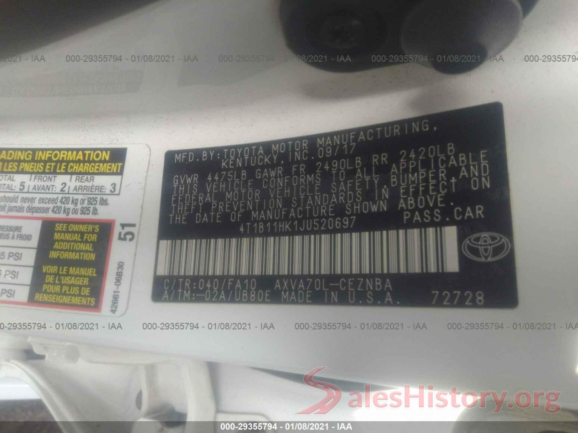 4T1B11HK1JU520697 2018 TOYOTA CAMRY