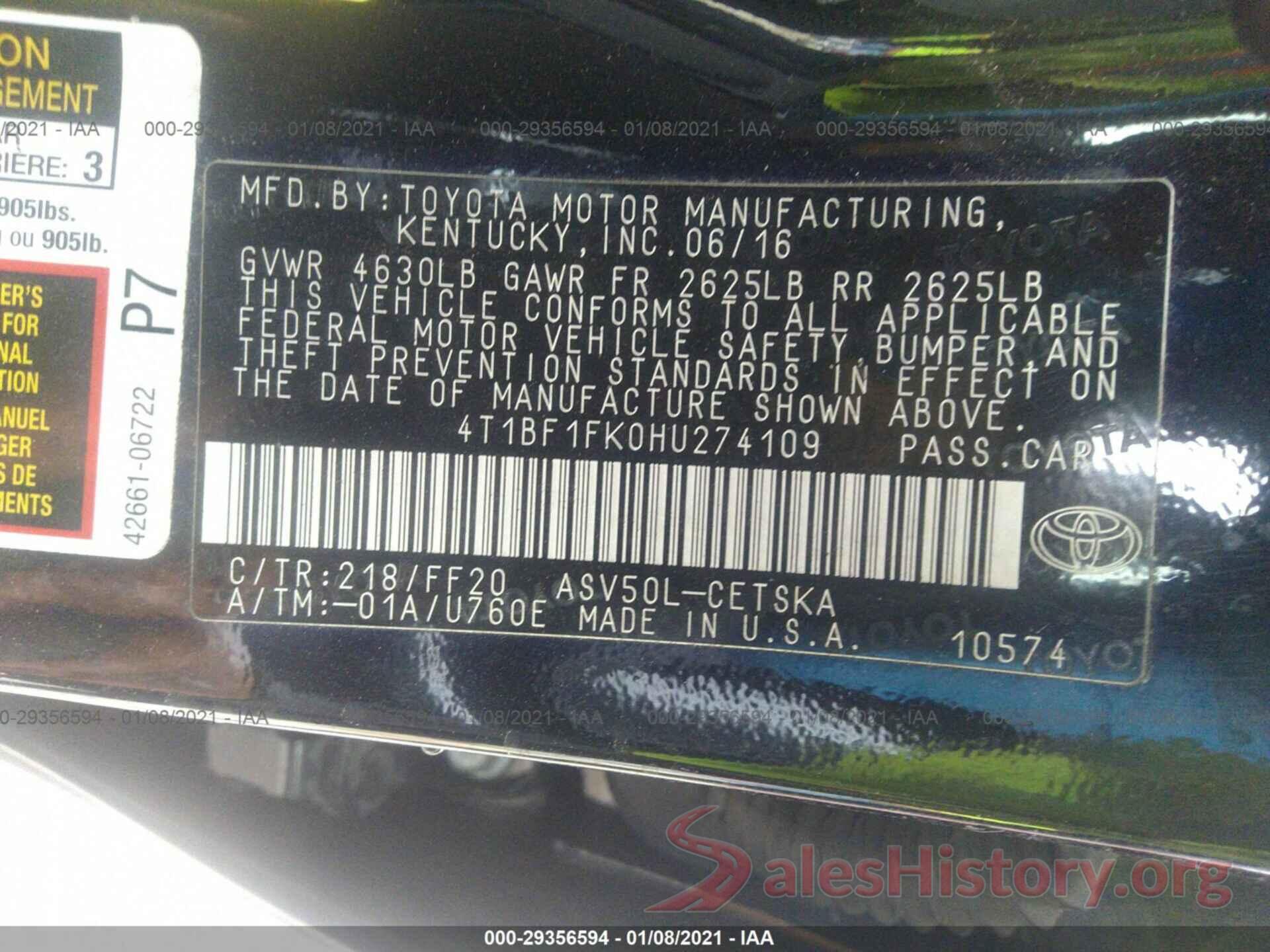 4T1BF1FK0HU274109 2017 TOYOTA CAMRY