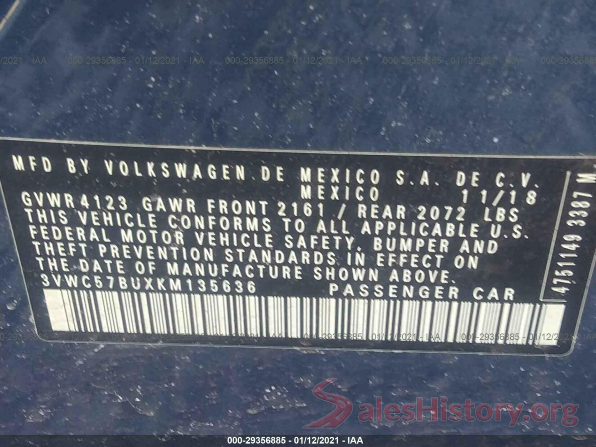 3VWC57BUXKM135636 2019 VOLKSWAGEN JETTA