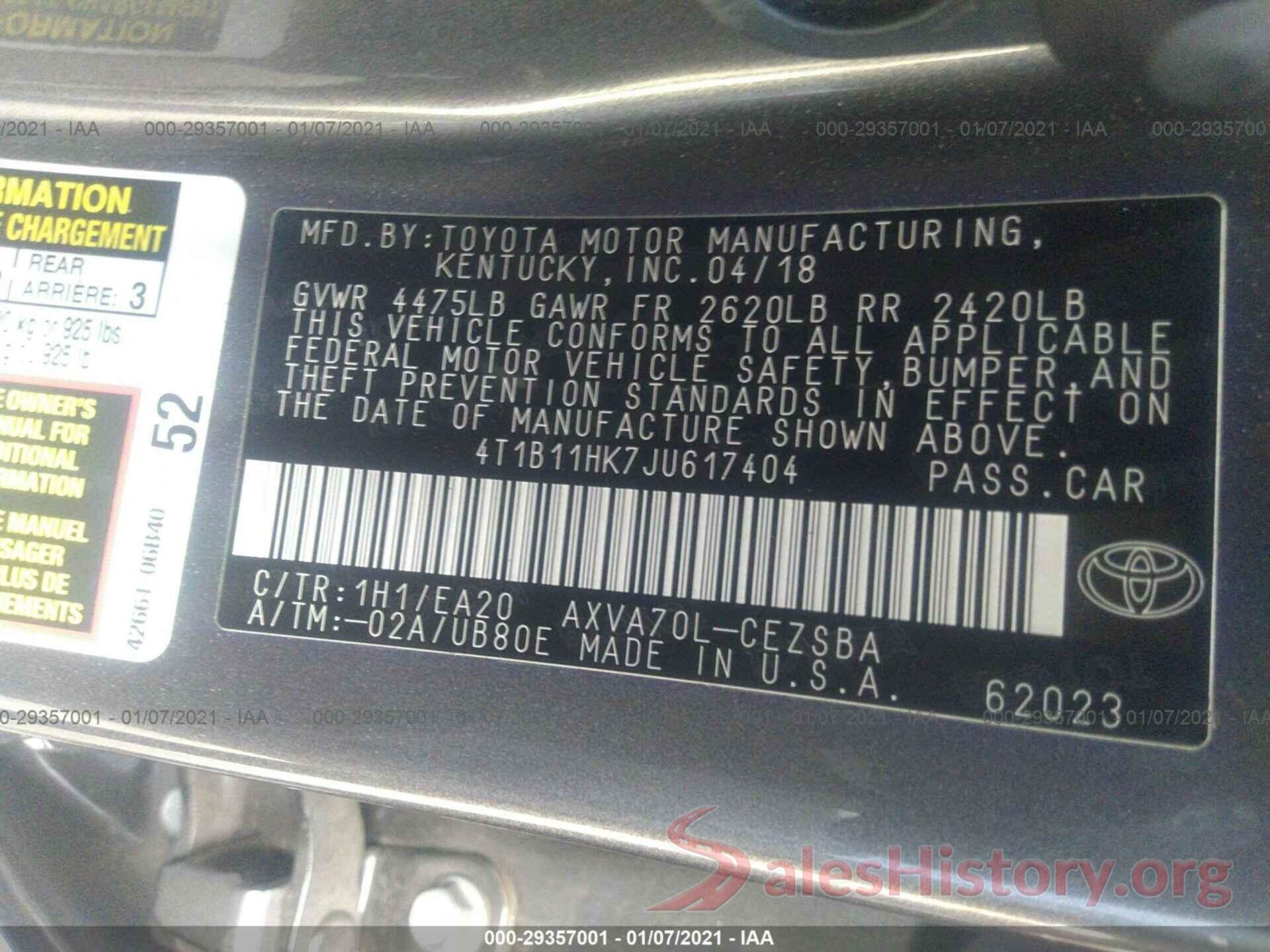 4T1B11HK7JU617404 2018 TOYOTA CAMRY