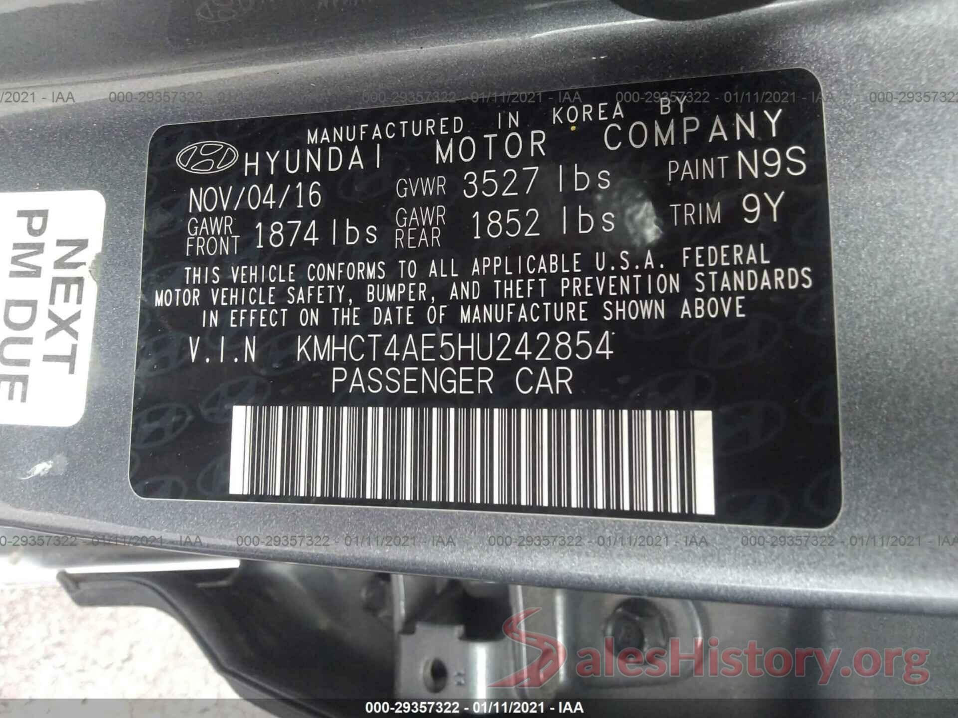 KMHCT4AE5HU242854 2017 HYUNDAI ACCENT