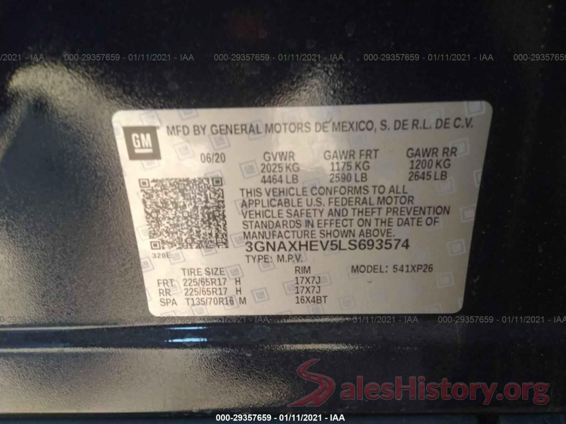 3GNAXHEV5LS693574 2020 CHEVROLET EQUINOX