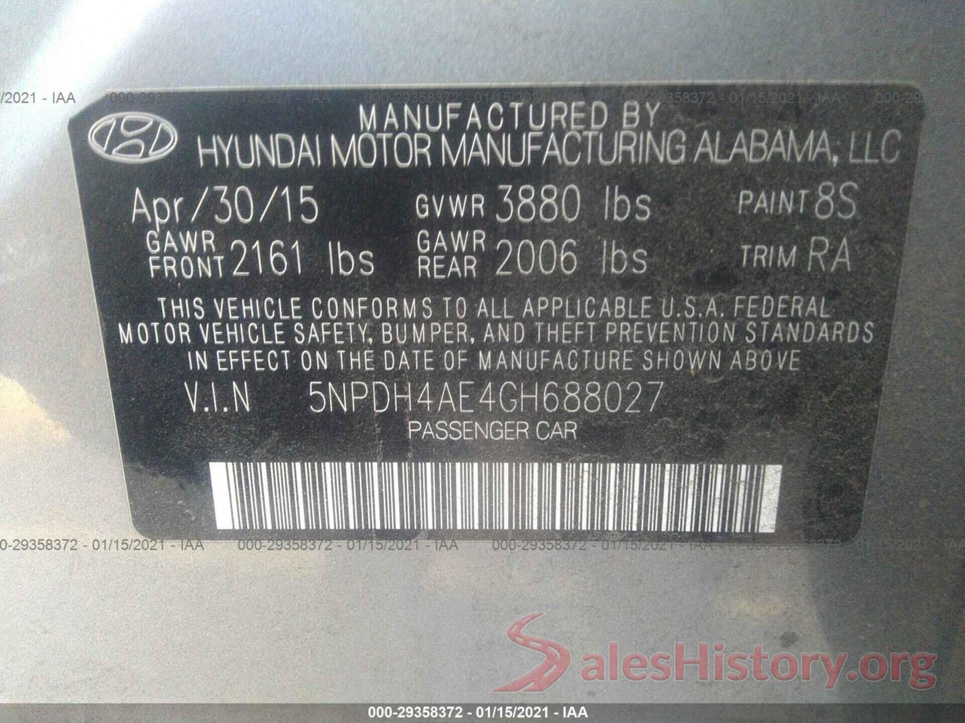 5NPDH4AE4GH688027 2016 HYUNDAI ELANTRA