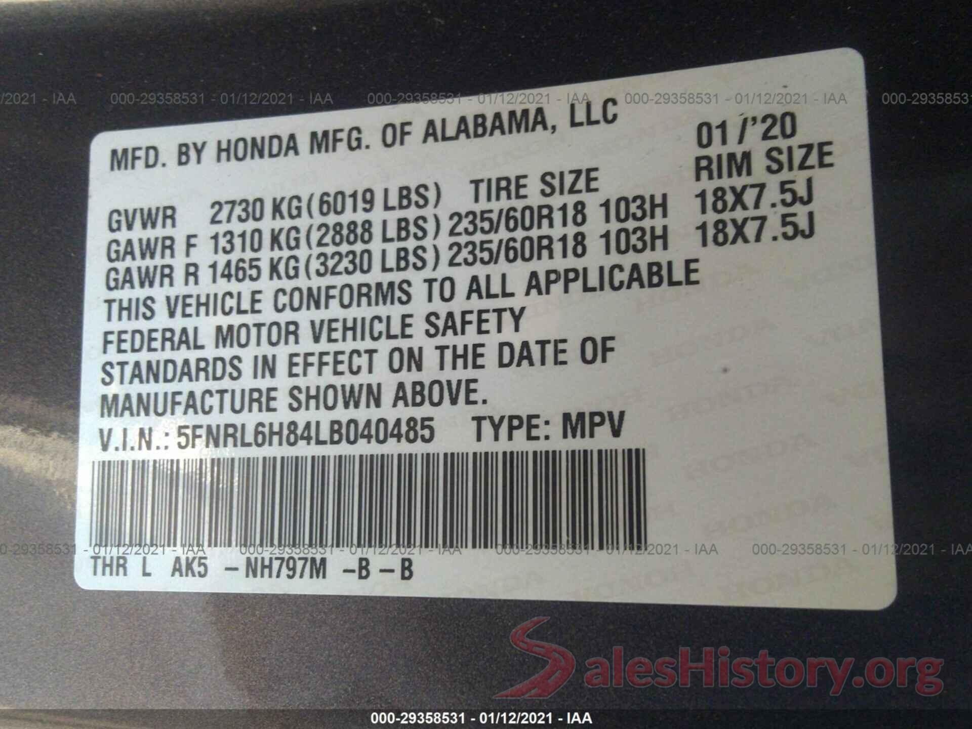 5FNRL6H84LB040485 2020 HONDA ODYSSEY