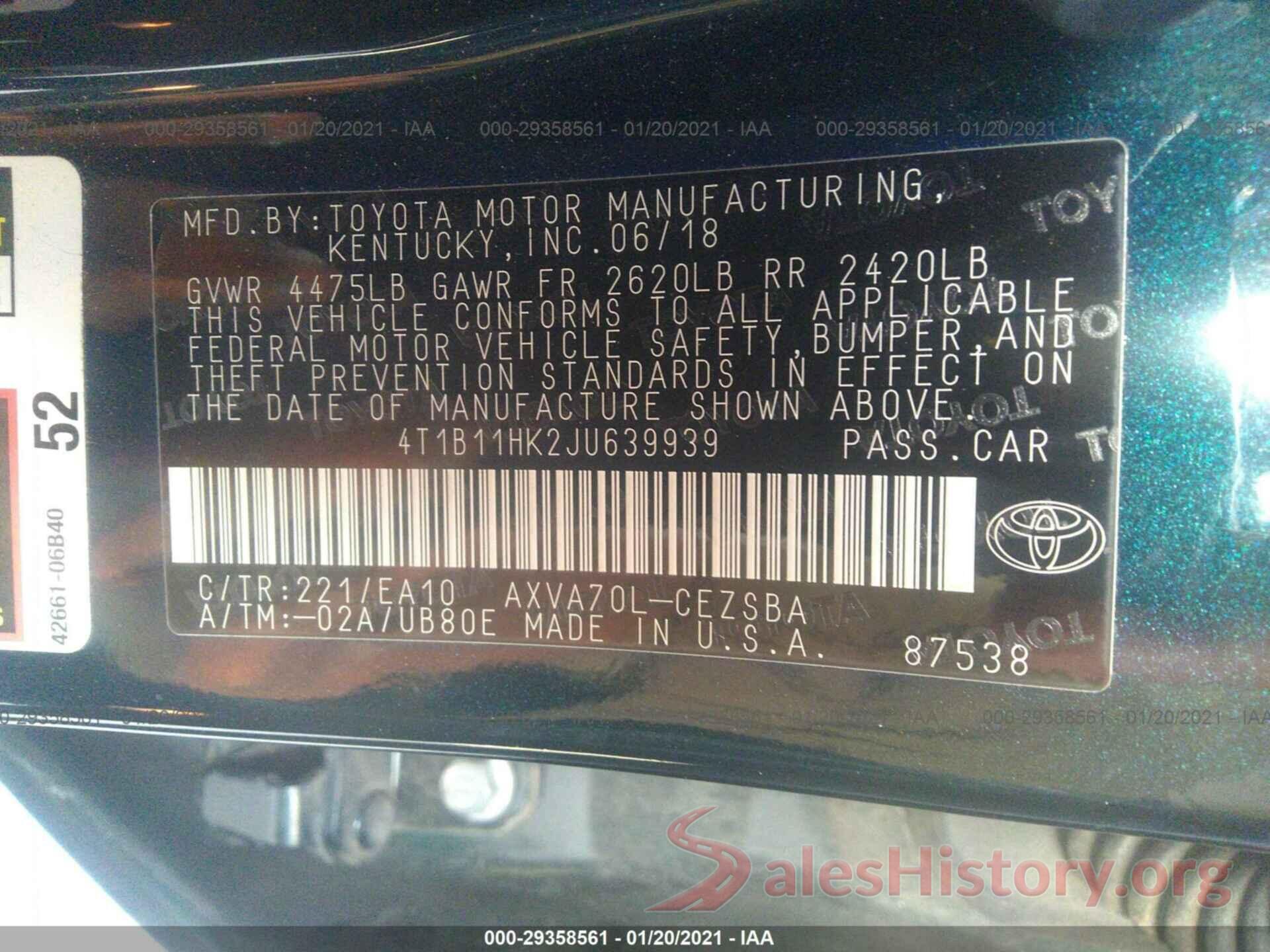 4T1B11HK2JU639939 2018 TOYOTA CAMRY