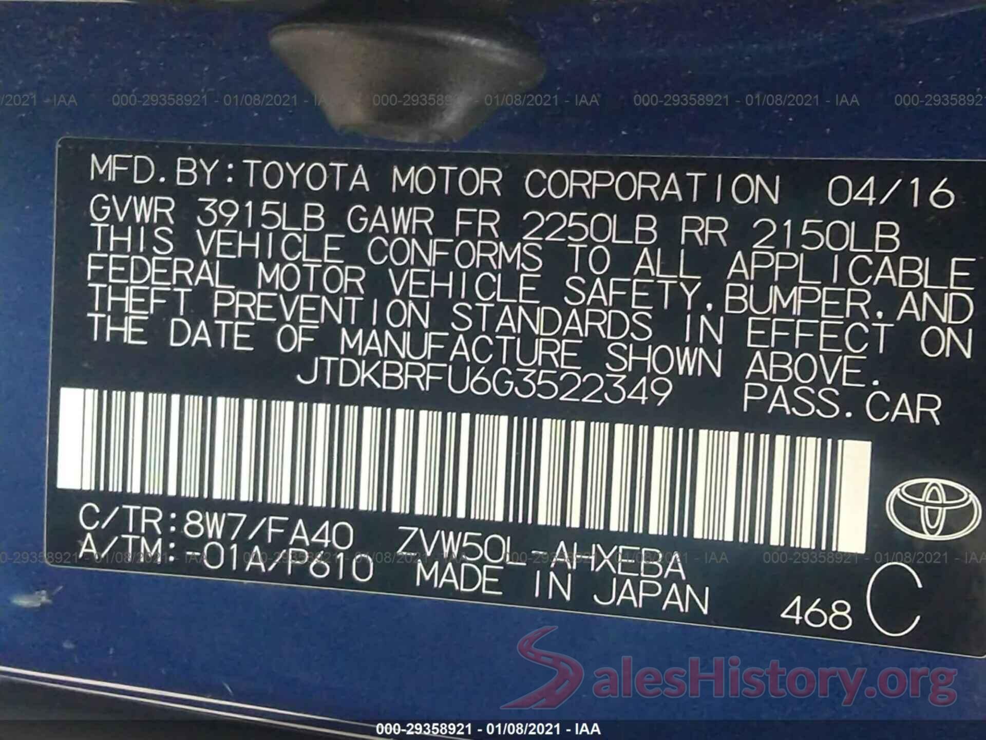 JTDKBRFU6G3522349 2016 TOYOTA PRIUS