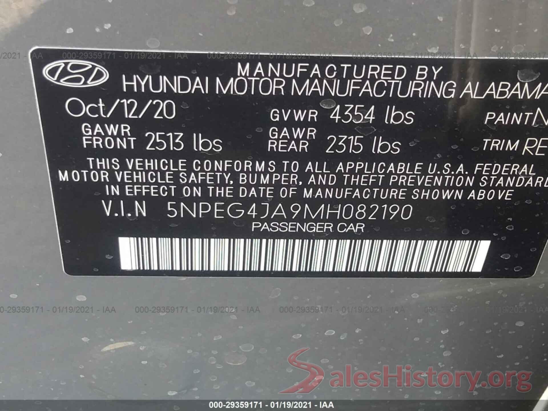 5NPEG4JA9MH082190 2021 HYUNDAI SONATA