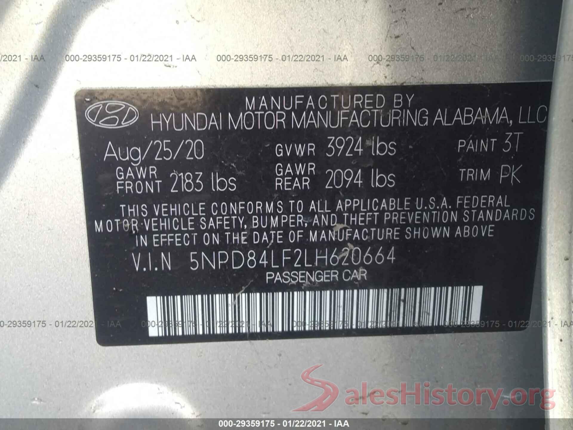 5NPD84LF2LH620664 2020 HYUNDAI ELANTRA