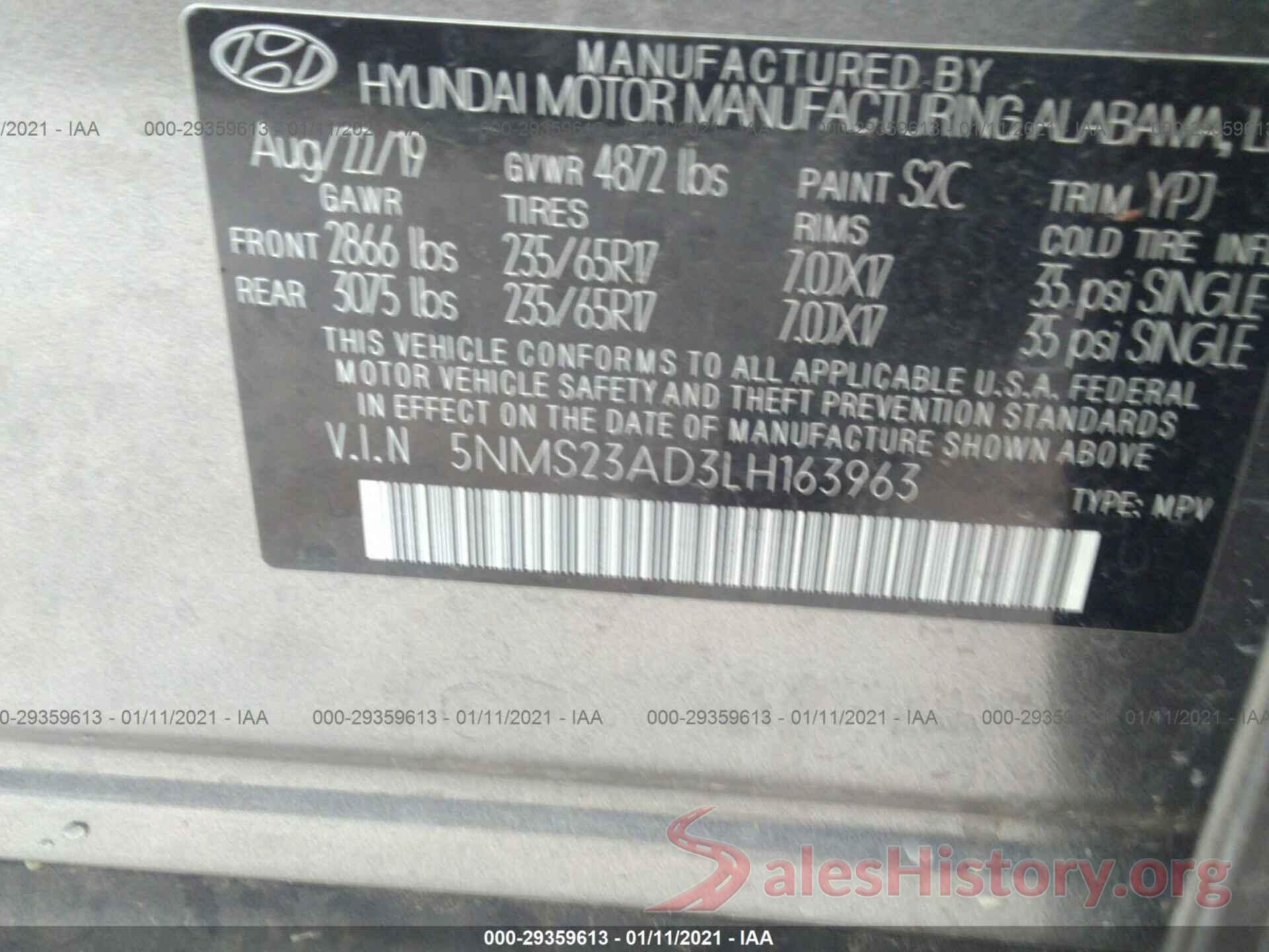 5NMS23AD3LH163963 2020 HYUNDAI SANTA FE